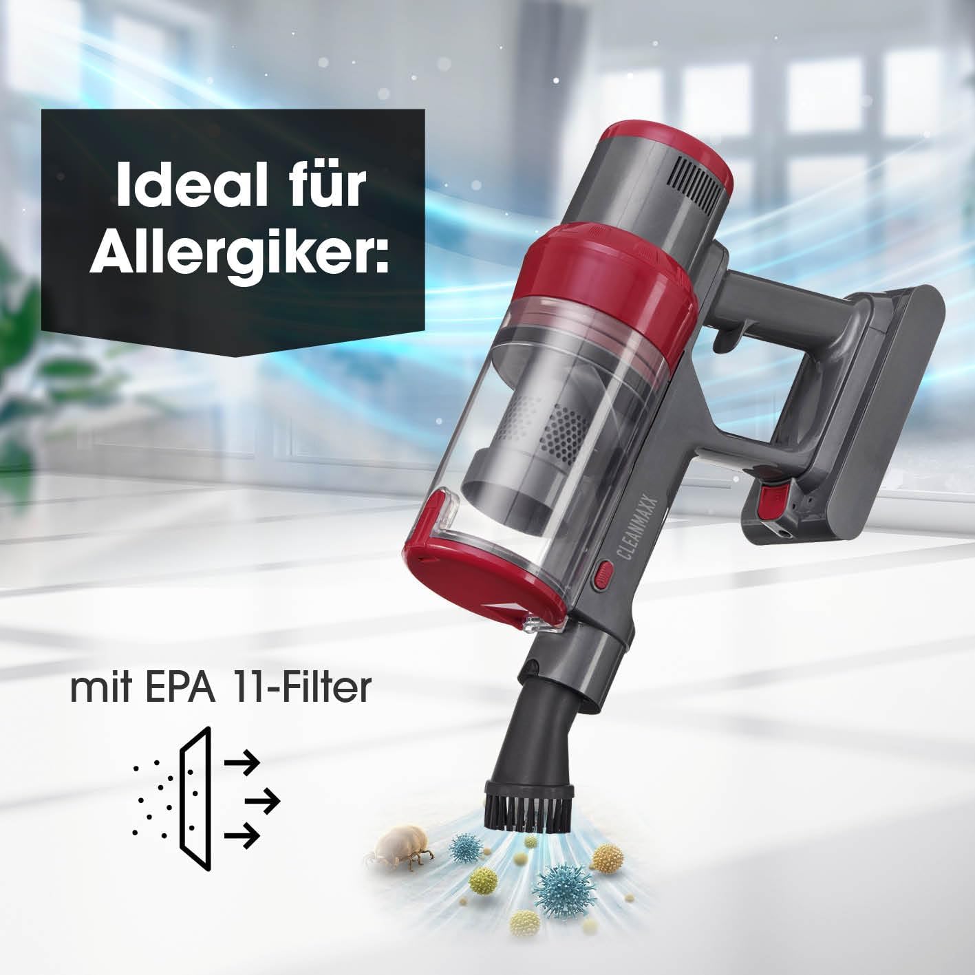 CLEANmaxx 2in1 Akku-Zyklon-Staubsauger | Kabelloser Hand- & Bodenstaubsauger mit starkem 22,2 V Li-Ion Akku | Bis zu 38 Min Laufzeit & 12kPa Saugleistung| EPA-11-Filter & 800ml Kapazität — Ansicht 2