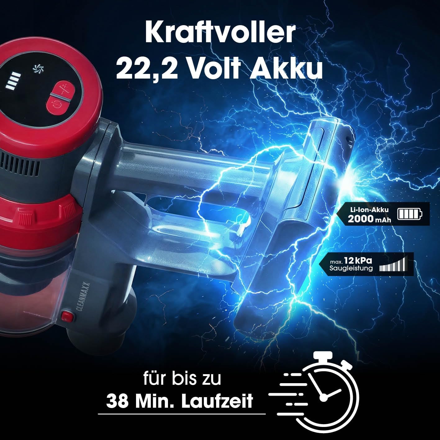 CLEANmaxx 2in1 Akku-Zyklon-Staubsauger | Kabelloser Hand- & Bodenstaubsauger mit starkem 22,2 V Li-Ion Akku | Bis zu 38 Min Laufzeit & 12kPa Saugleistung| EPA-11-Filter & 800ml Kapazität — Ansicht 3