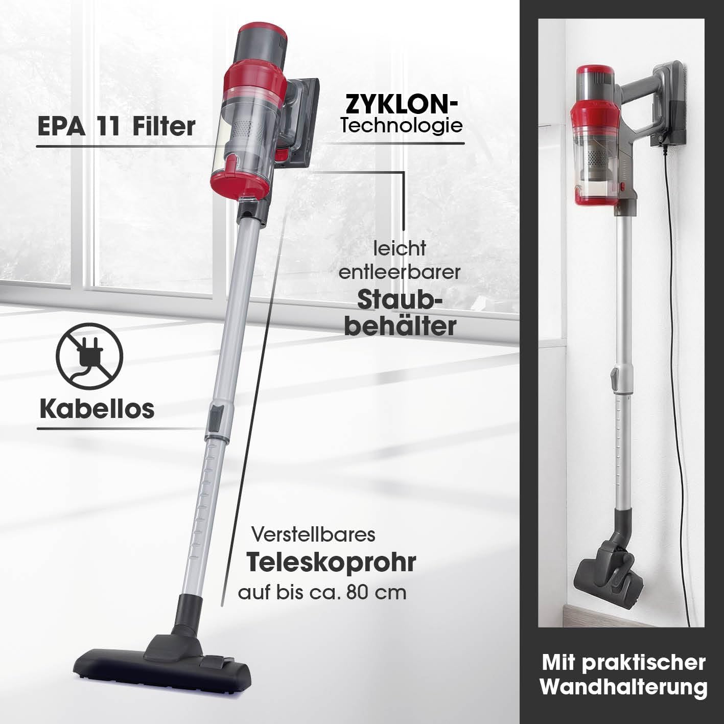 CLEANmaxx 2in1 Akku-Zyklon-Staubsauger | Kabelloser Hand- & Bodenstaubsauger mit starkem 22,2 V Li-Ion Akku | Bis zu 38 Min Laufzeit & 12kPa Saugleistung| EPA-11-Filter & 800ml Kapazität — Ansicht 6