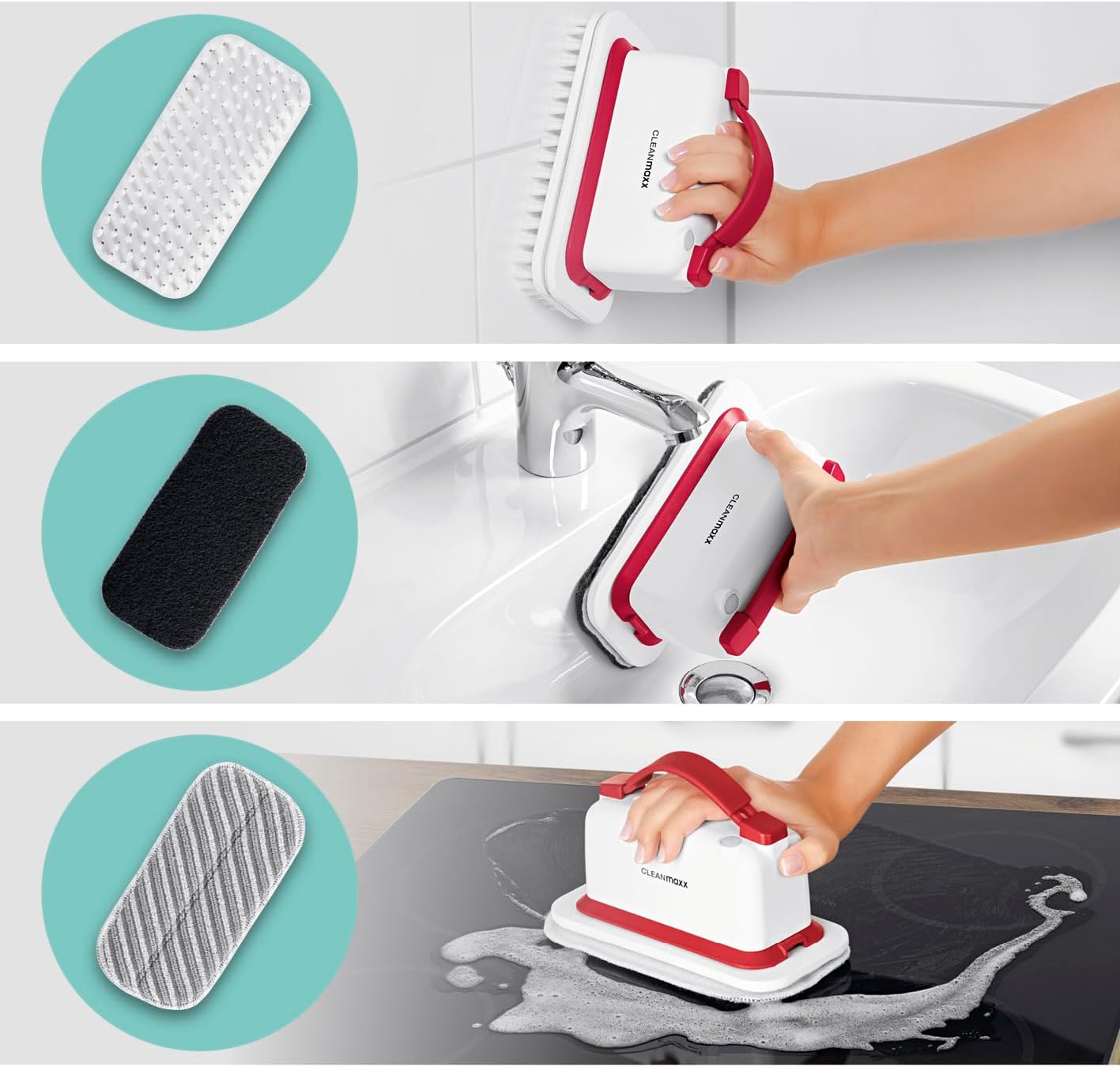 CLEANmaxx 3 Verschiedene Aufsätze | Reinigungsaufsätze zum mühelosen Putzen und Polieren | Mit Klettverschluss einfach wechselbar | Für alle Oberflächen [Scheuer-, Mikrofaser- Pads] — Ansicht 3