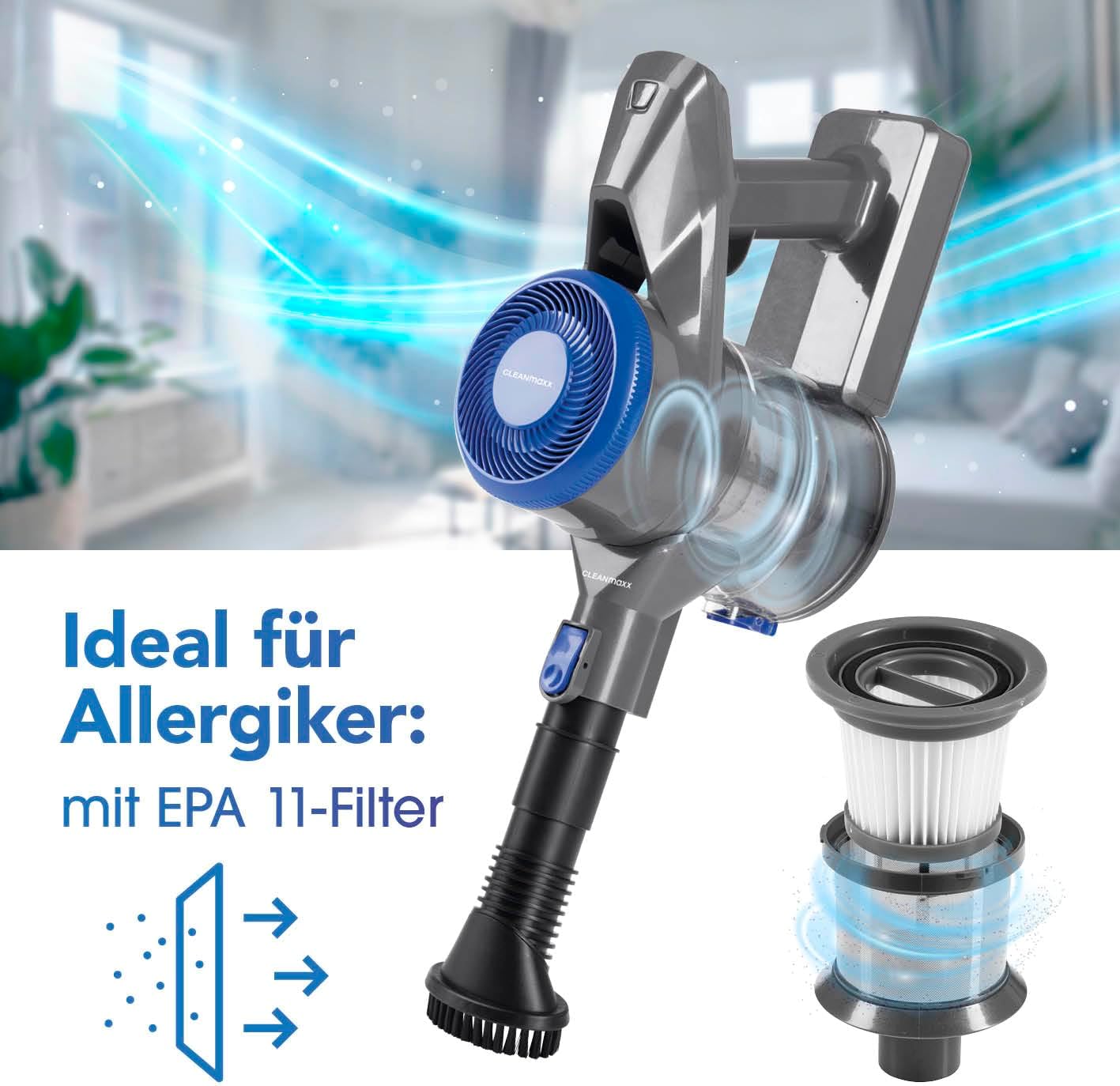 CLEANmaxx AeroTec 400 Akku Staubsauger | kabelloser 2in1 Boden- & Handstaubsauger | beutellos & mit leistungsstarkem 400 Watt Motor | 35 Minuten Akkulaufzeit| Inkl. EPA-11-Filter & Wandhalterung — Ansicht 2
