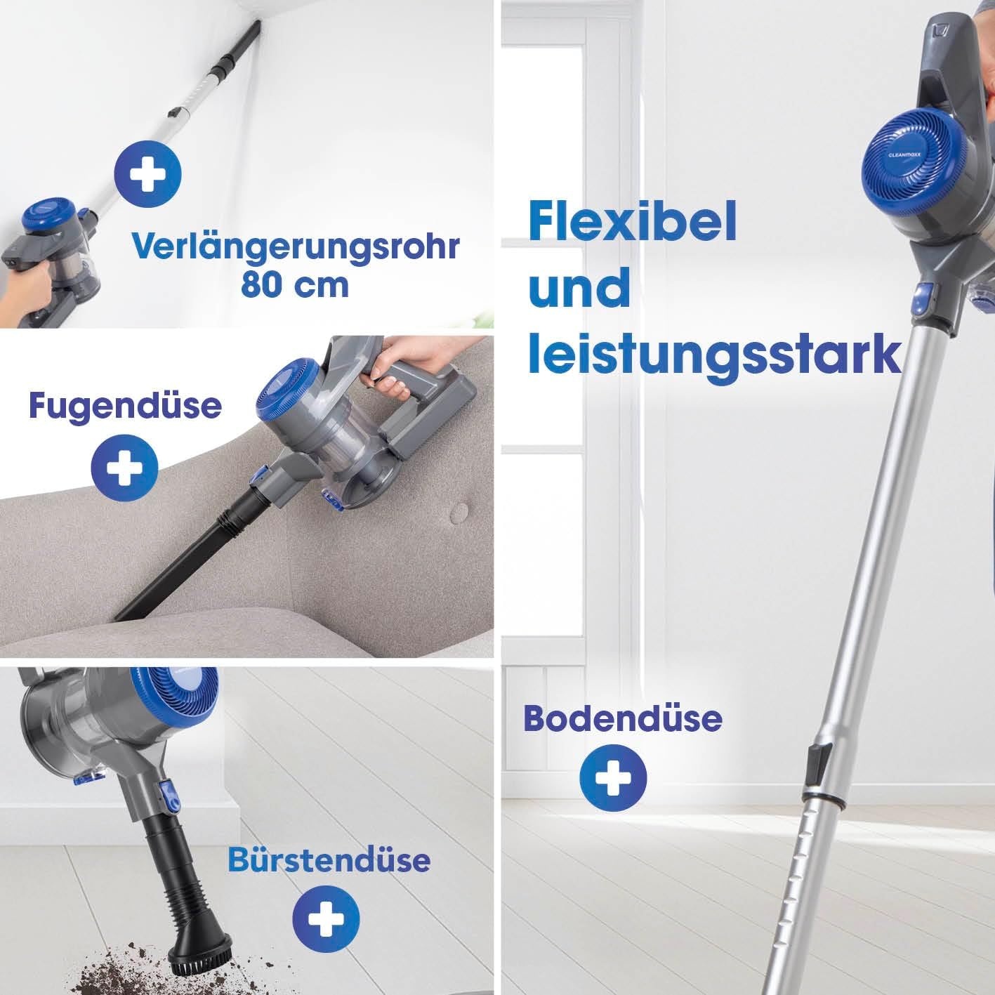 CLEANmaxx AeroTec 400 Akku Staubsauger | kabelloser 2in1 Boden- & Handstaubsauger | beutellos & mit leistungsstarkem 400 Watt Motor | 35 Minuten Akkulaufzeit| Inkl. EPA-11-Filter & Wandhalterung — Ansicht 4