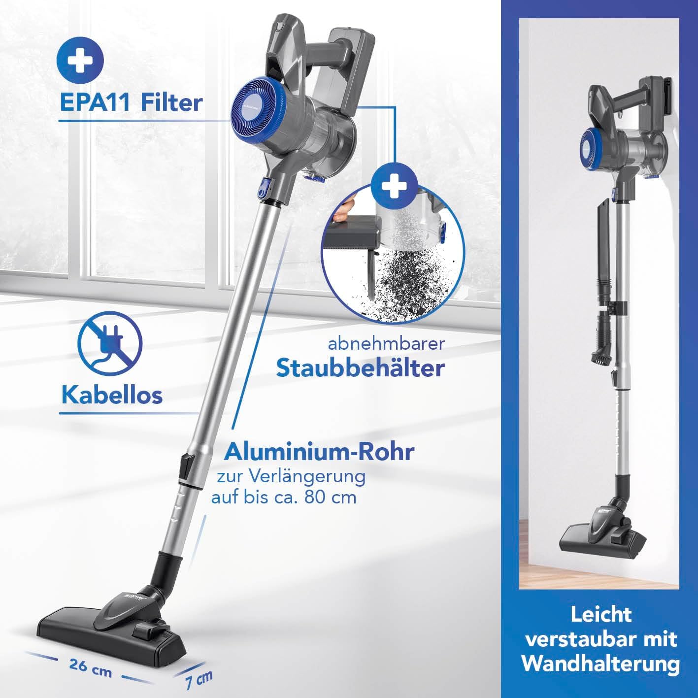 CLEANmaxx AeroTec 400 Akku Staubsauger | kabelloser 2in1 Boden- & Handstaubsauger | beutellos & mit leistungsstarkem 400 Watt Motor | 35 Minuten Akkulaufzeit| Inkl. EPA-11-Filter & Wandhalterung — Ansicht 6