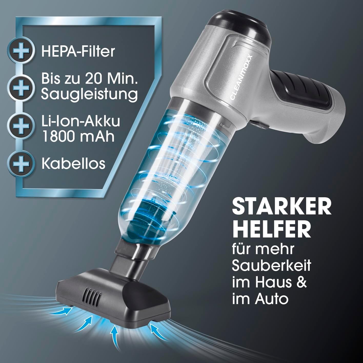 CLEANmaxx Akku Handstaubsauger | Staubsauger kabellos mit Saug-, Gebläse- und Vakuumierfunktion | Handstaubsauger-Set + 7 Aufsätze | Akkustaubsauger – ideal als Autostaubsauger