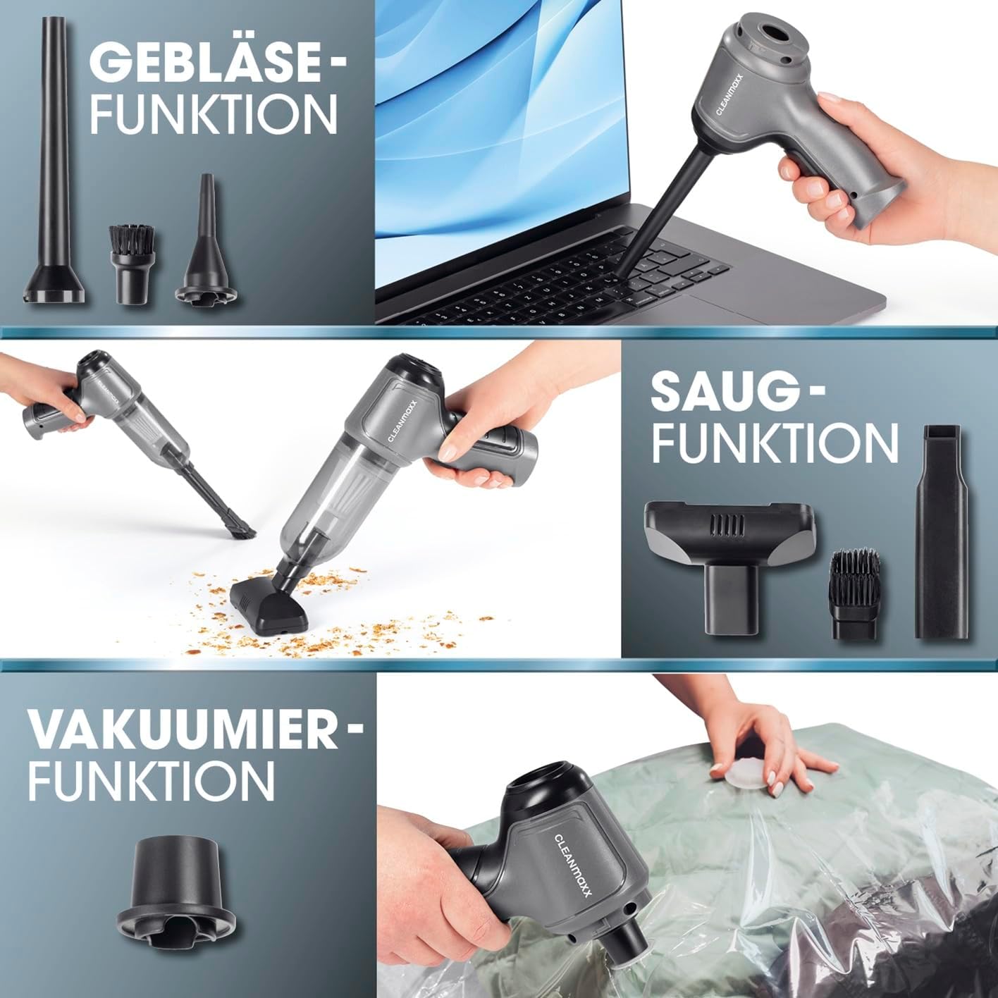 CLEANmaxx Akku Handstaubsauger | Staubsauger kabellos mit Saug-, Gebläse- und Vakuumierfunktion | Handstaubsauger-Set + 7 Aufsätze | Akkustaubsauger – ideal als Autostaubsauger — Ansicht 2