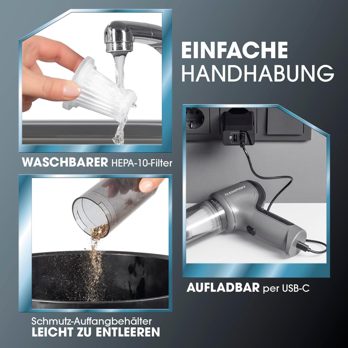 CLEANmaxx Akku Handstaubsauger | Staubsauger kabellos mit Saug-, Gebläse- und Vakuumierfunktion | Handstaubsauger-Set + 7 Aufsätze | Akkustaubsauger – ideal als Autostaubsauger — Ansicht 3