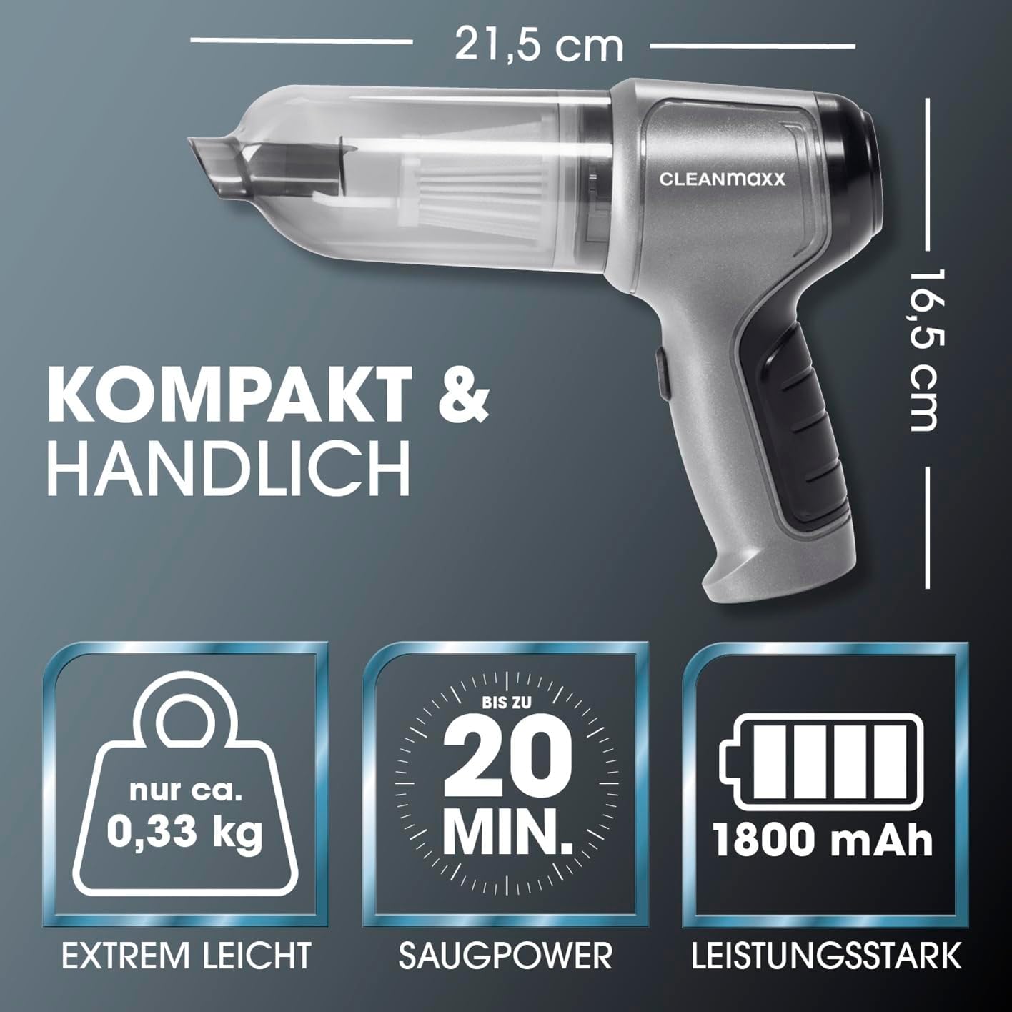 CLEANmaxx Akku Handstaubsauger | Staubsauger kabellos mit Saug-, Gebläse- und Vakuumierfunktion | Handstaubsauger-Set + 7 Aufsätze | Akkustaubsauger – ideal als Autostaubsauger — Ansicht 4