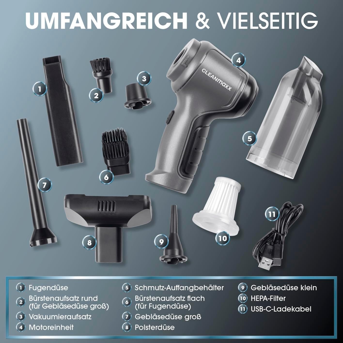 CLEANmaxx Akku Handstaubsauger | Staubsauger kabellos mit Saug-, Gebläse- und Vakuumierfunktion | Handstaubsauger-Set + 7 Aufsätze | Akkustaubsauger – ideal als Autostaubsauger — Ansicht 6
