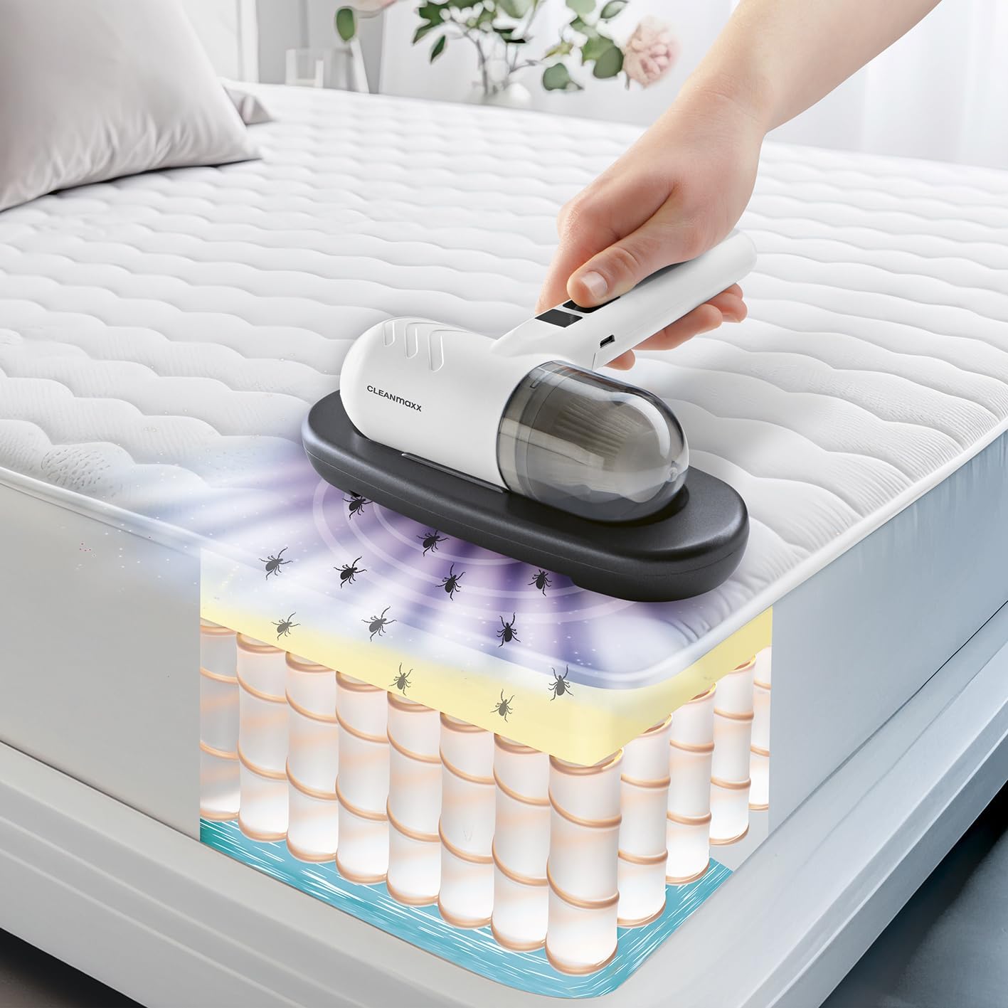 CLEANmaxx Akku-Milben-Handstaubsauger | Matratzenreiniger mit UV-C Licht | Vernichtet 99,9% Aller Milben | Inkl. EPA Filter und 120ml Staubbehälter | Ideal für Allergiker, Reisen & Camping — Ansicht 2