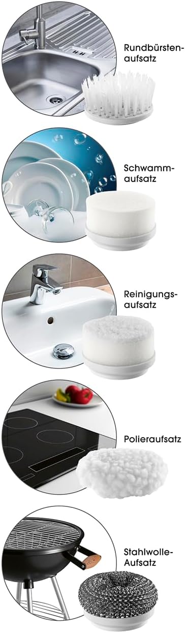 CLEANmaxx Akku-Reinigungsbürste 6-teilig | Kabellos & Leistungsstark | 5 Aufsätze für Fliesen, Waschbecken, Fenster, Möbel & Küche | 100 Min Laufzeit| Leicht & Handlich — Ansicht 6