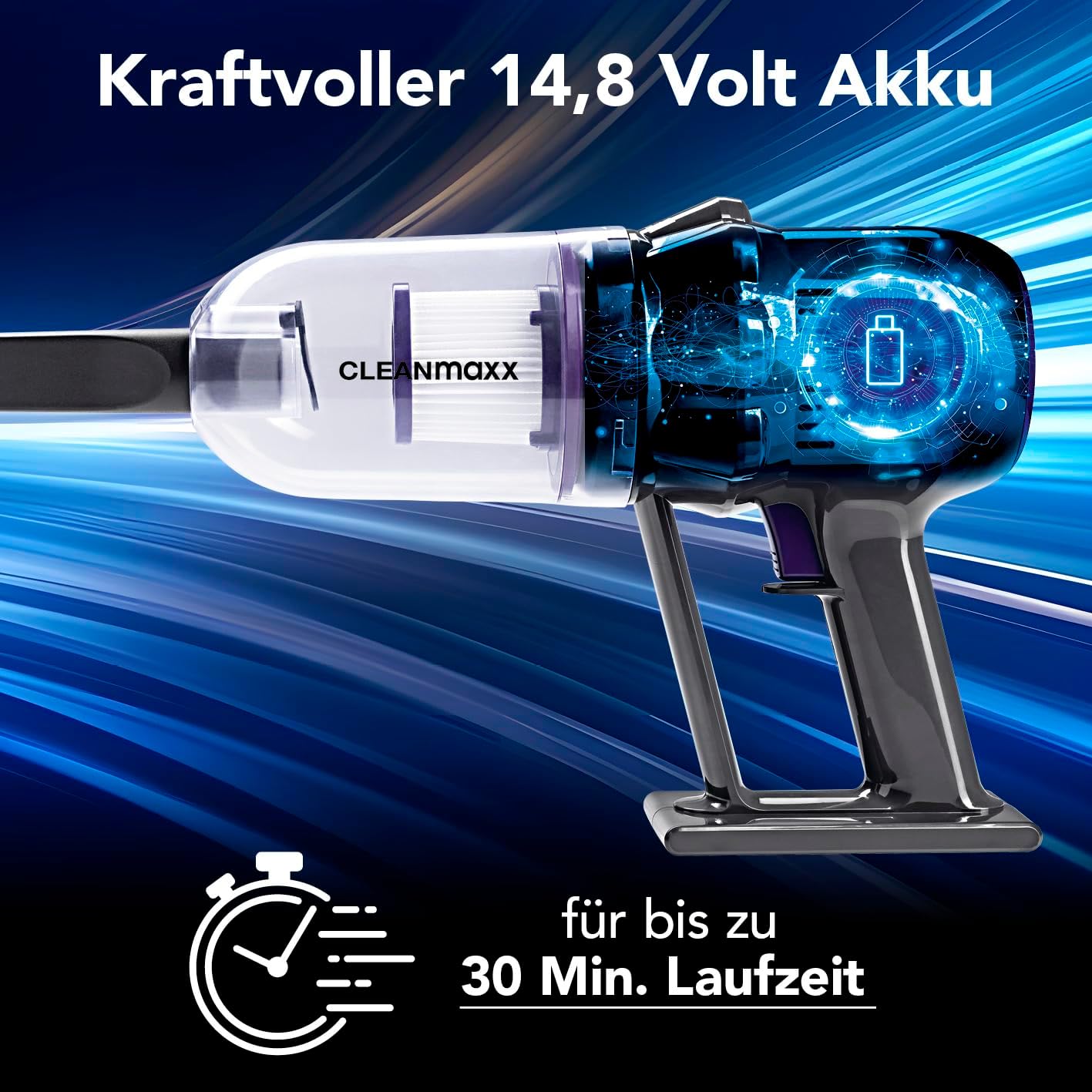 CLEANmaxx Akku Staubsauger | 2in1 Handstaubsauger & Bodenstaubsauger | max. 30 Min. Laufzeit | kabellos, leistungsstark, wiederaufladbar | mit Verlängerungsrohr (80 cm) & Düsen-Set — Ansicht 3