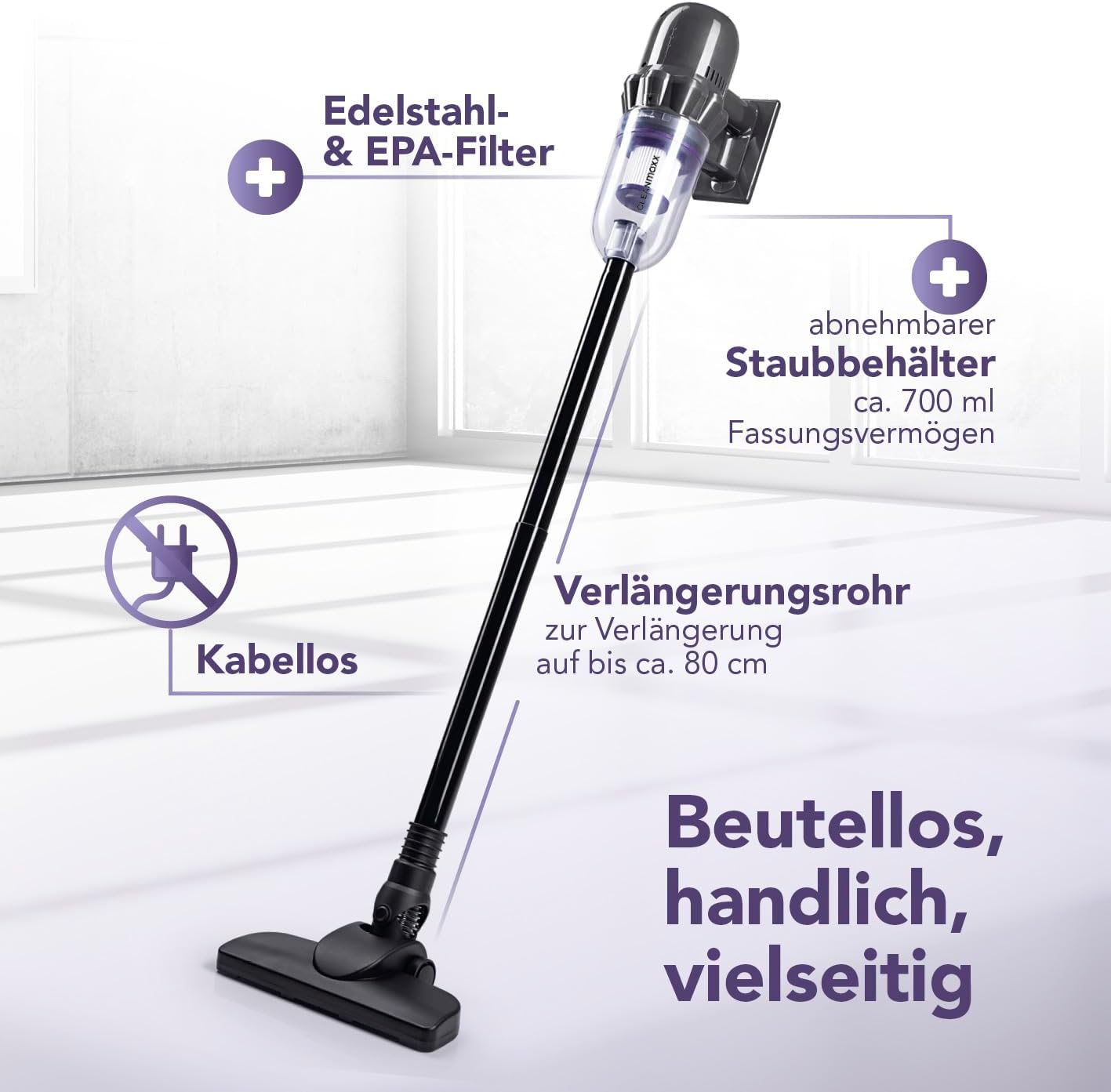 CLEANmaxx Akku Staubsauger | 2in1 Handstaubsauger & Bodenstaubsauger | max. 30 Min. Laufzeit | kabellos, leistungsstark, wiederaufladbar | mit Verlängerungsrohr (80 cm) & Düsen-Set — Ansicht 5