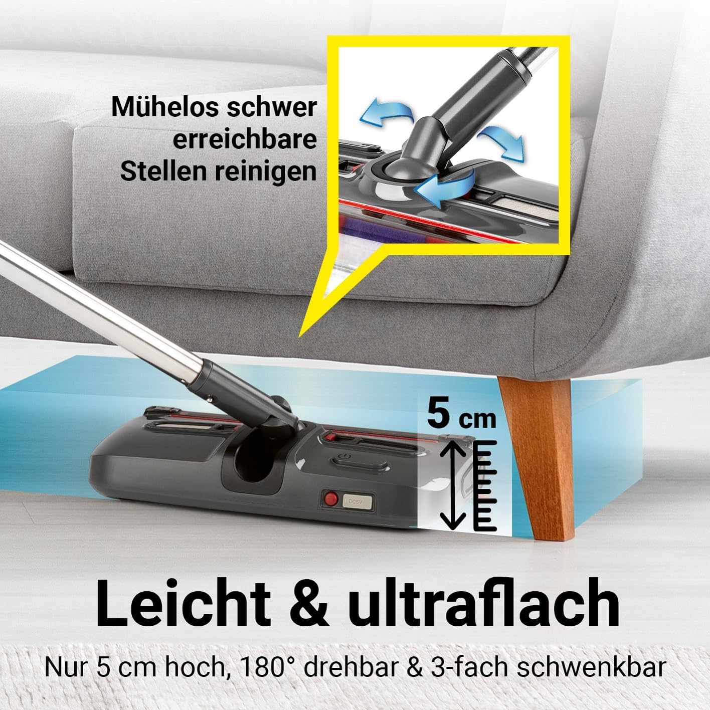 CLEANmaxx Akkubesen kabellos | Bodenfeger mit 1.200 U/min & 4 Bürsten | inkl. LED-Licht | Anti-Haar-System perfekt für Tierhaare | 60 Min Laufzeit | für Teppich, Fliesen & Laminat — Ansicht 5