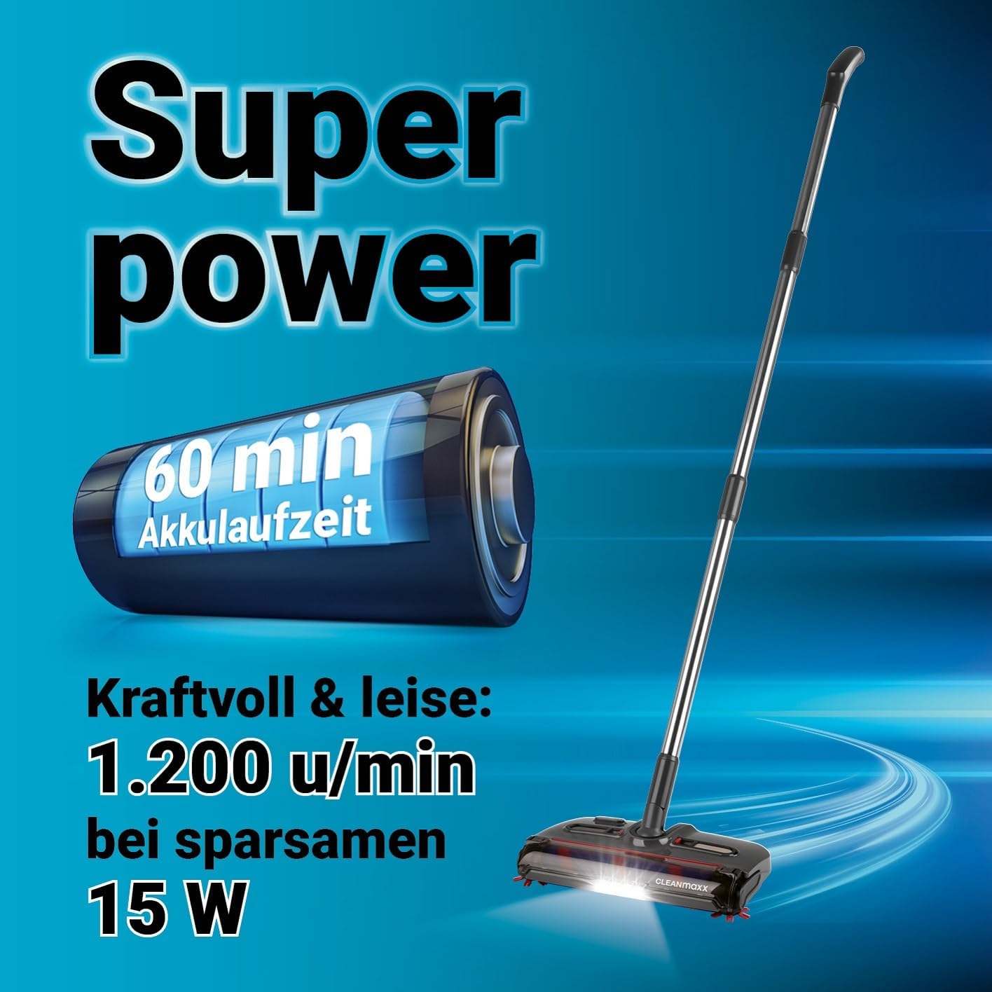 CLEANmaxx Akkubesen kabellos | Bodenfeger mit 1.200 U/min & 4 Bürsten | inkl. LED-Licht | Anti-Haar-System perfekt für Tierhaare | 60 Min Laufzeit | für Teppich, Fliesen & Laminat — Ansicht 6