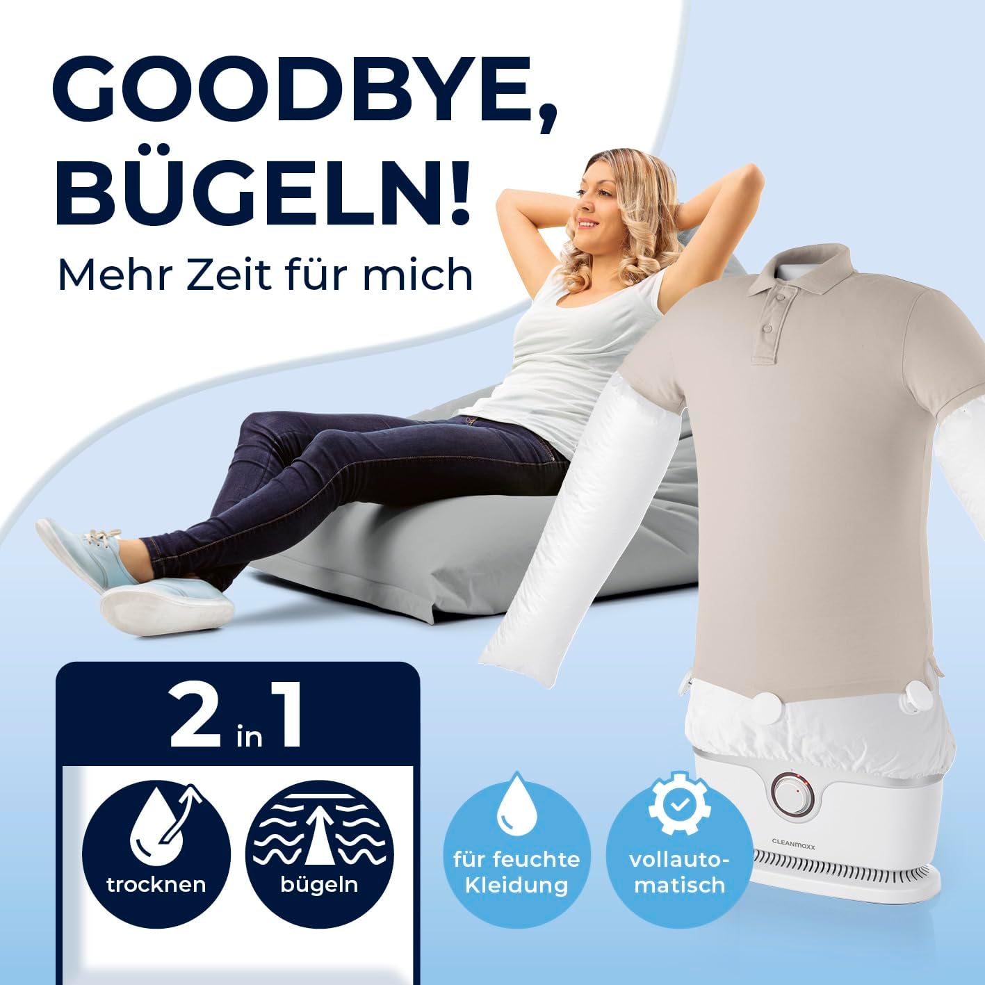 CLEANmaxx Automatischer Hemden-Bügler zum Trocknen und Glätten von Hemden & Blusen inklusive Aufsatz für Hosen | Die innovative und schonende Art, Ihre Wäsche zu glätten — Ansicht 2