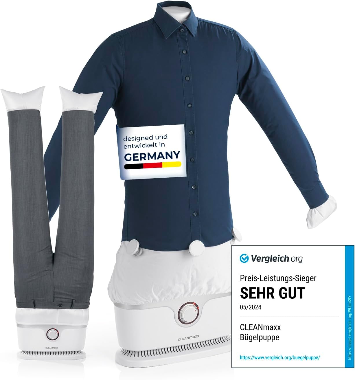 CLEANmaxx Automatischer Hemden-Bügler zum Trocknen und Glätten von Hemden & Blusen inklusive Aufsatz für Hosen | Die innovative und schonende Art, Ihre Wäsche zu glätten