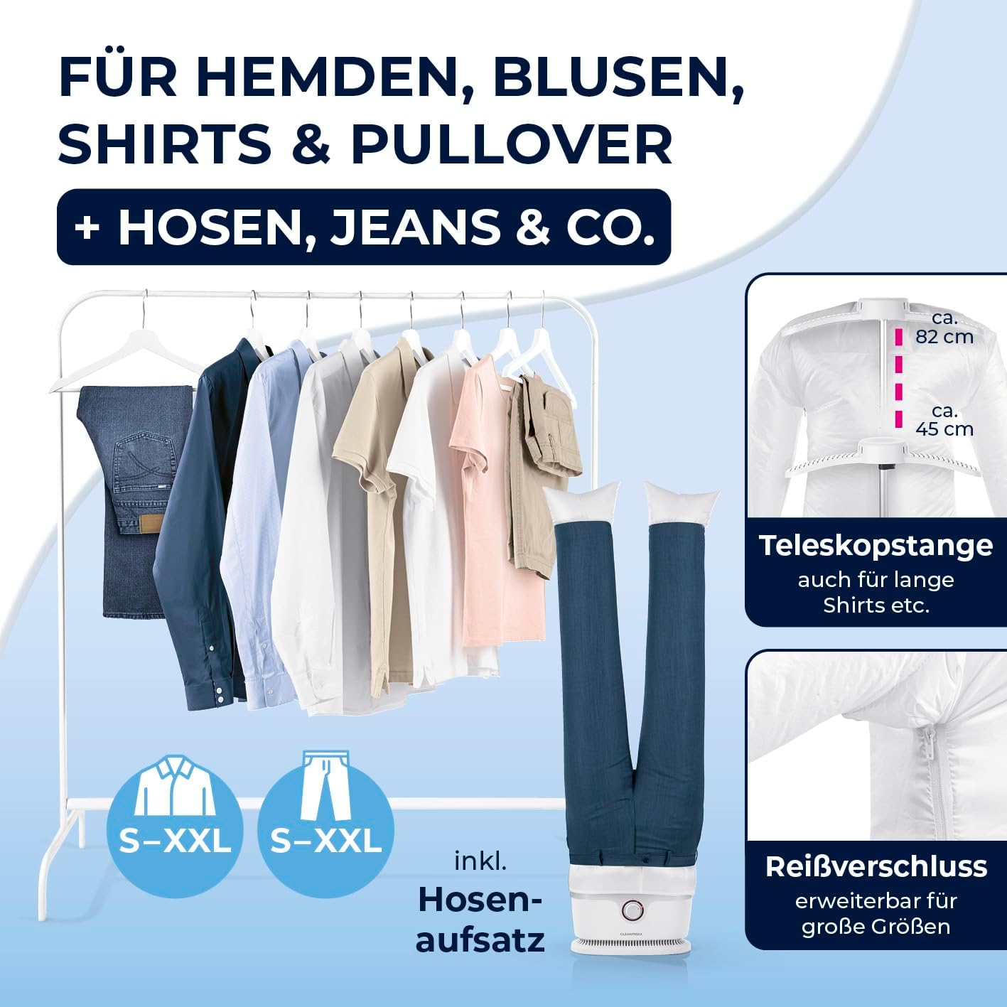 CLEANmaxx Automatischer Hemden-Bügler zum Trocknen und Glätten von Hemden & Blusen inklusive Aufsatz für Hosen | Die innovative und schonende Art, Ihre Wäsche zu glätten — Ansicht 5