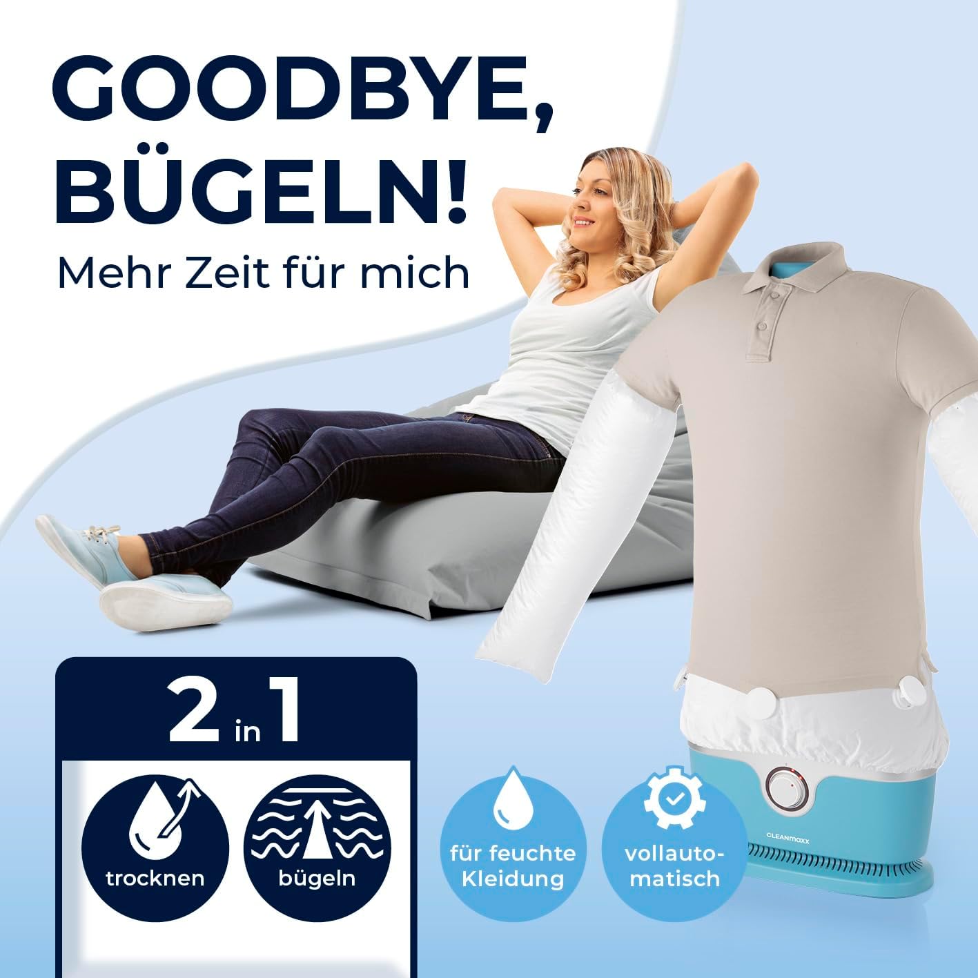 CLEANmaxx automatischer Hemdenbügler inklusive Hosenaufsatz | Bügler für Hemden, Blusen & Hosen, schonender als Wäschetrockner und Bügeleisen | Trocknen und in Minuten knitterfrei [hellblau] — Ansicht 2