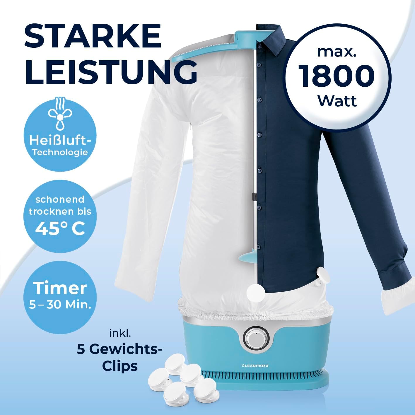 CLEANmaxx automatischer Hemdenbügler inklusive Hosenaufsatz | Bügler für Hemden, Blusen & Hosen, schonender als Wäschetrockner und Bügeleisen | Trocknen und in Minuten knitterfrei [hellblau] — Ansicht 4