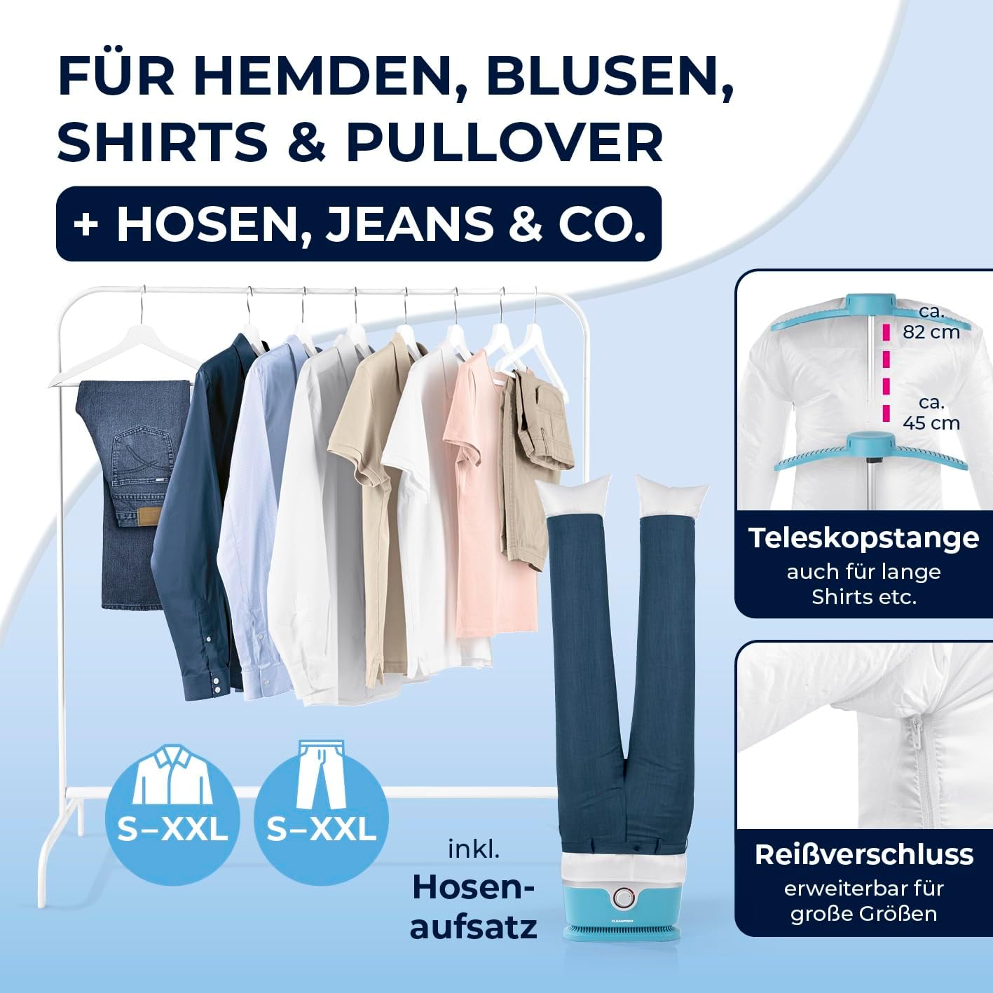CLEANmaxx automatischer Hemdenbügler inklusive Hosenaufsatz | Bügler für Hemden, Blusen & Hosen, schonender als Wäschetrockner und Bügeleisen | Trocknen und in Minuten knitterfrei [hellblau] — Ansicht 5