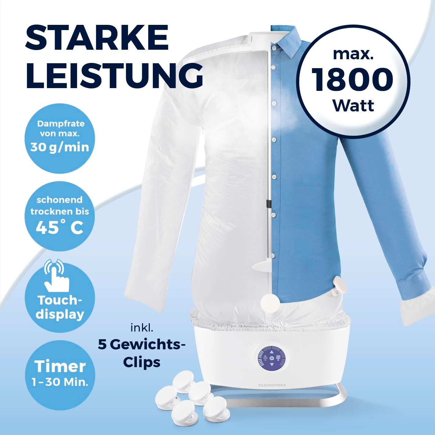 CLEANmaxx automatischer Hemdenbügler mit Dampffunktion inklusive Hosenaufsatz | Innovativer Bügler für Hemden & Blusen, Bügelautomat | Schonender als Wäschetrockner und Bügeleisen — Ansicht 4