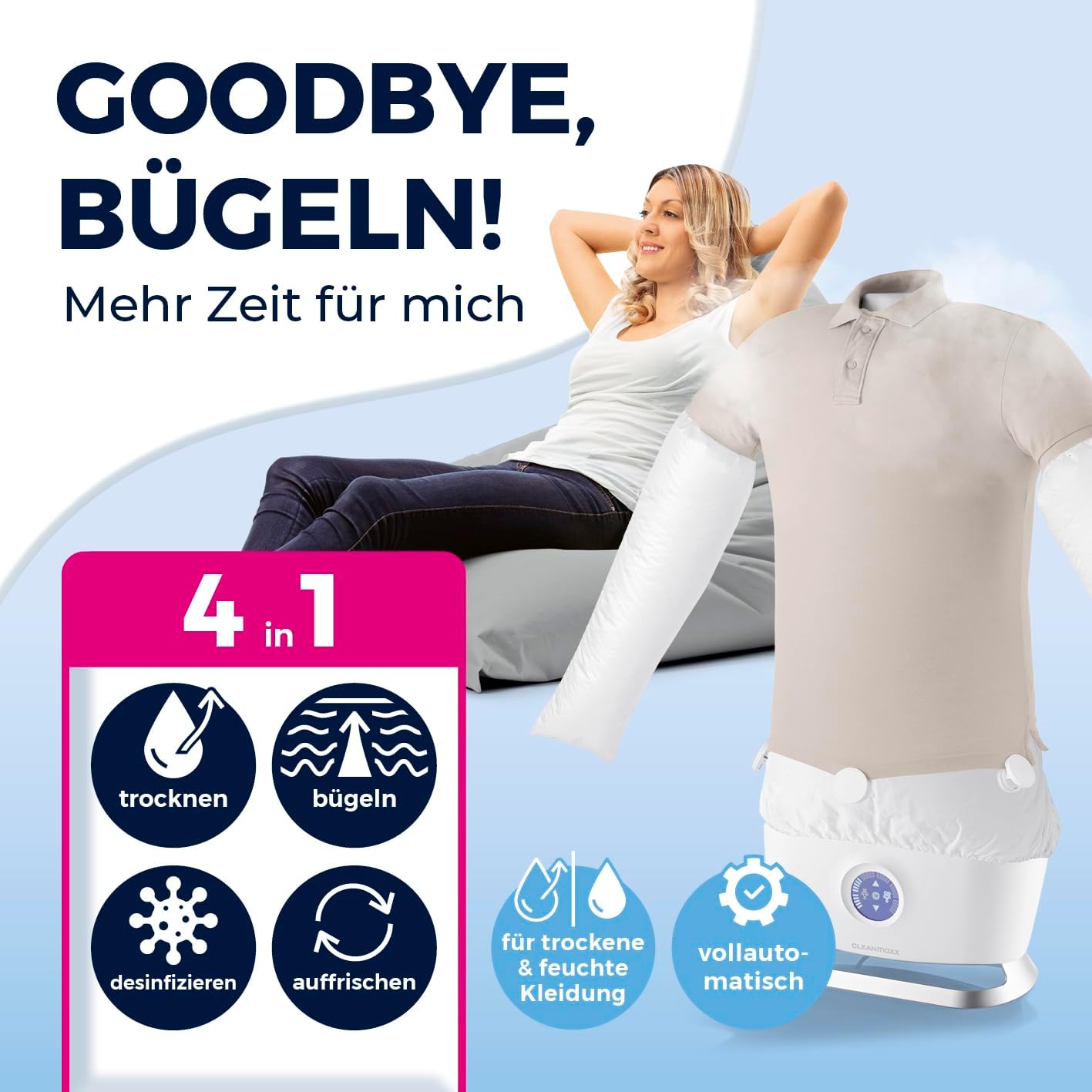 CLEANmaxx automatischer Hemdenbügler mit Dampffunktion | Innovativer Bügler für Hemden & Blusen, Bügelautomat | Schonender als Wäschetrockner und Bügeleisen, 2 Programme, Touch Display — Ansicht 2