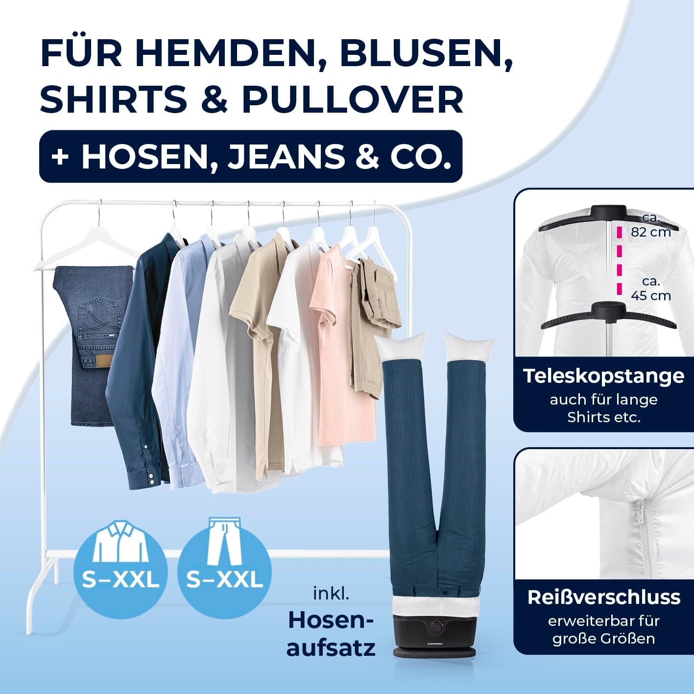 CLEANmaxx automatischer Hemdenbügler PRO mit Hosenaufsatz | Ersetzt Bügeleisen, Dampfglätter, Steamer | Bügelgerät mit Bügelpuppe für Hemden, Blusen & Hosen | Innovativ & effizient — Ansicht 5