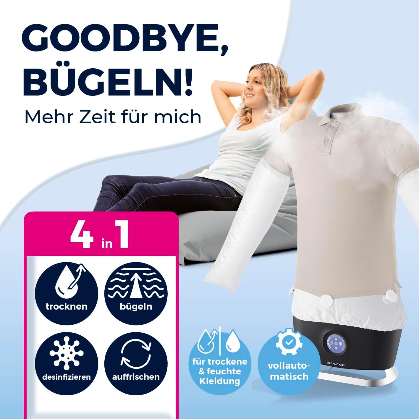 CLEANmaxx automatischer Hemdenbügler PRO STEAM + Hosenaufsatz | Dampffunktion, Touchdisplay | Bügelgerät für Hemden & Blusen | reduziert Gerüche, desinfiziert, glättet, frischt auf — Ansicht 2