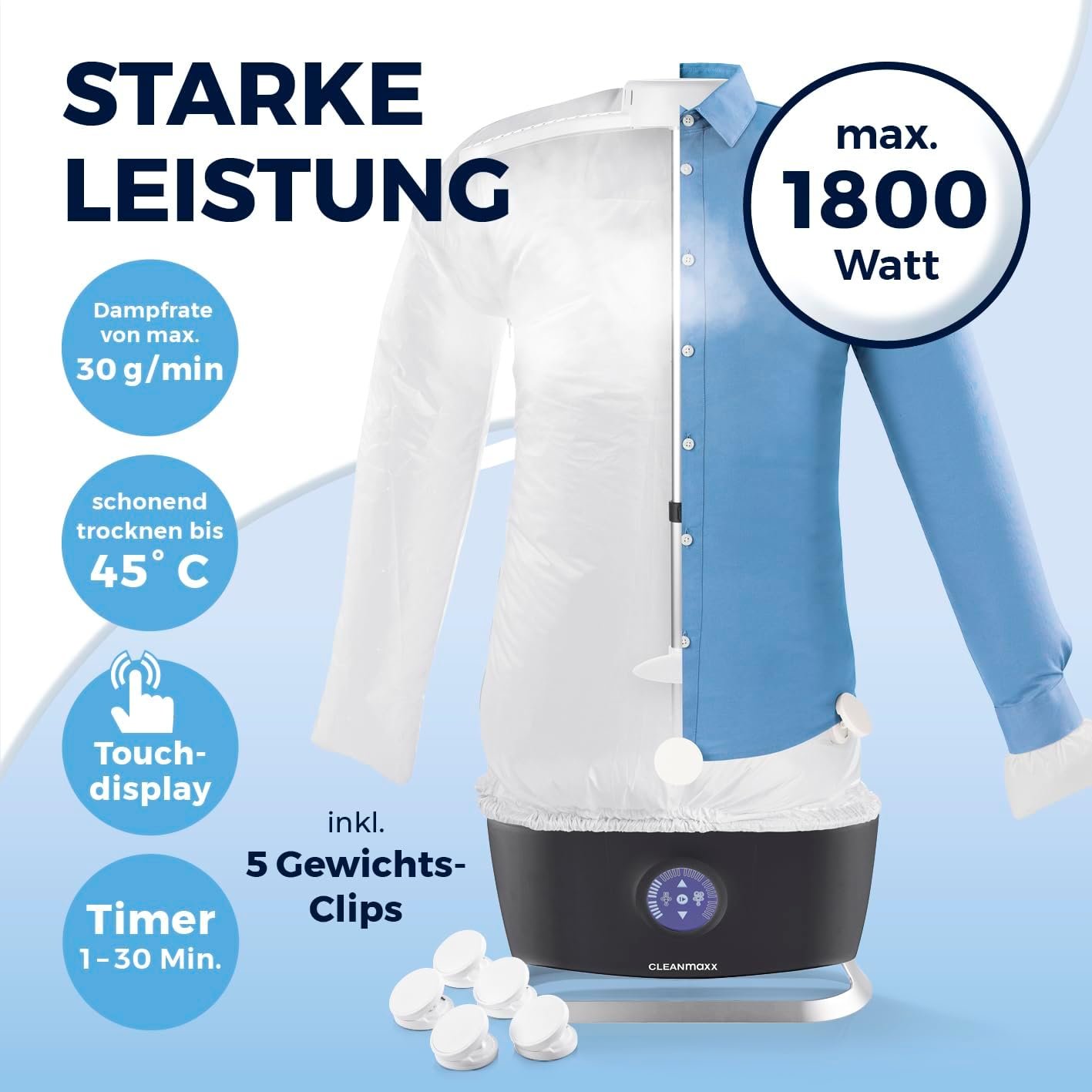 CLEANmaxx automatischer Hemdenbügler PRO STEAM + Hosenaufsatz | Dampffunktion, Touchdisplay | Bügelgerät für Hemden & Blusen | reduziert Gerüche, desinfiziert, glättet, frischt auf — Ansicht 4