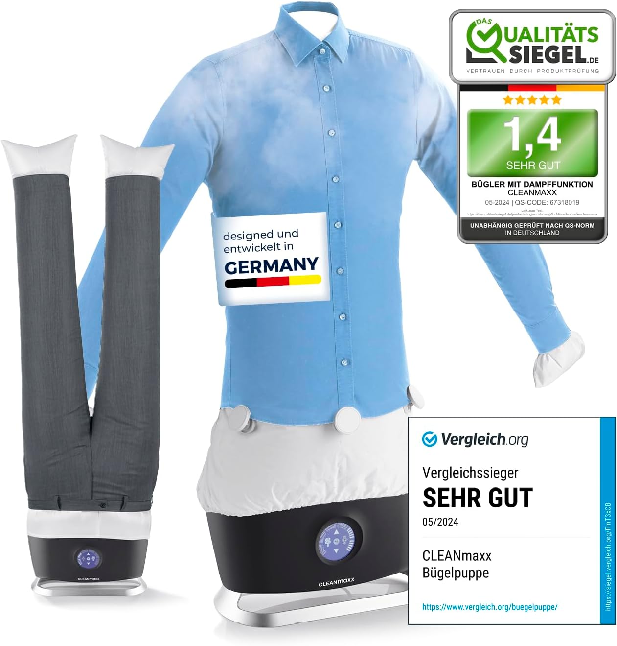 CLEANmaxx automatischer Hemdenbügler PRO STEAM + Hosenaufsatz | Dampffunktion, Touchdisplay | Bügelgerät für Hemden & Blusen | reduziert Gerüche, desinfiziert, glättet, frischt auf