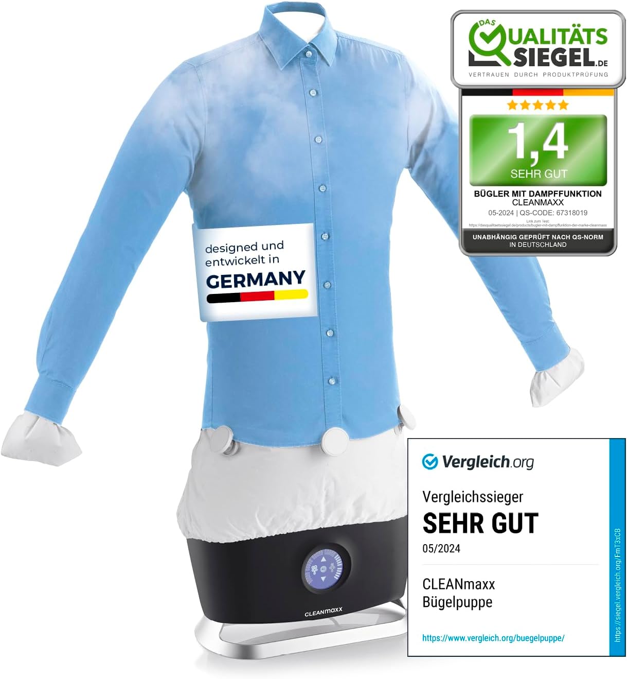 CLEANmaxx automatischer Hemdenbügler PRO STEAM mit Dampffunktion & Touchdisplay | Bügelgerät für Hemden & Blusen | reduziert Gerüche, desinfiziert, glättet, trocknet & frischt auf