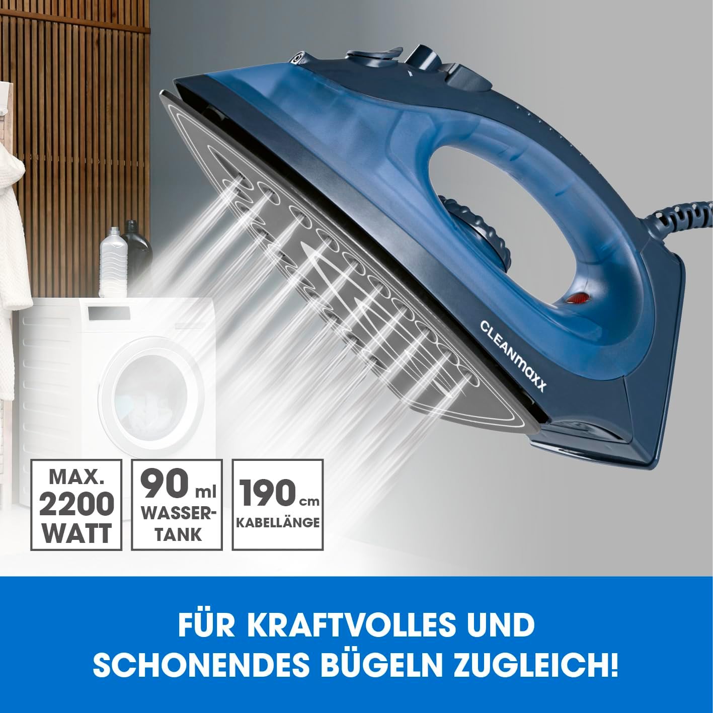 CLEANmaxx Dampfbügeleisen mit Temperatur- & Dampfregler | Geeignet zum Trocken- & Dampfbügeln | Mit vertikaler Dampffunktion für Gardinen & hängende Kleidung | Ideal für empfindliche Stoffe — Ansicht 2