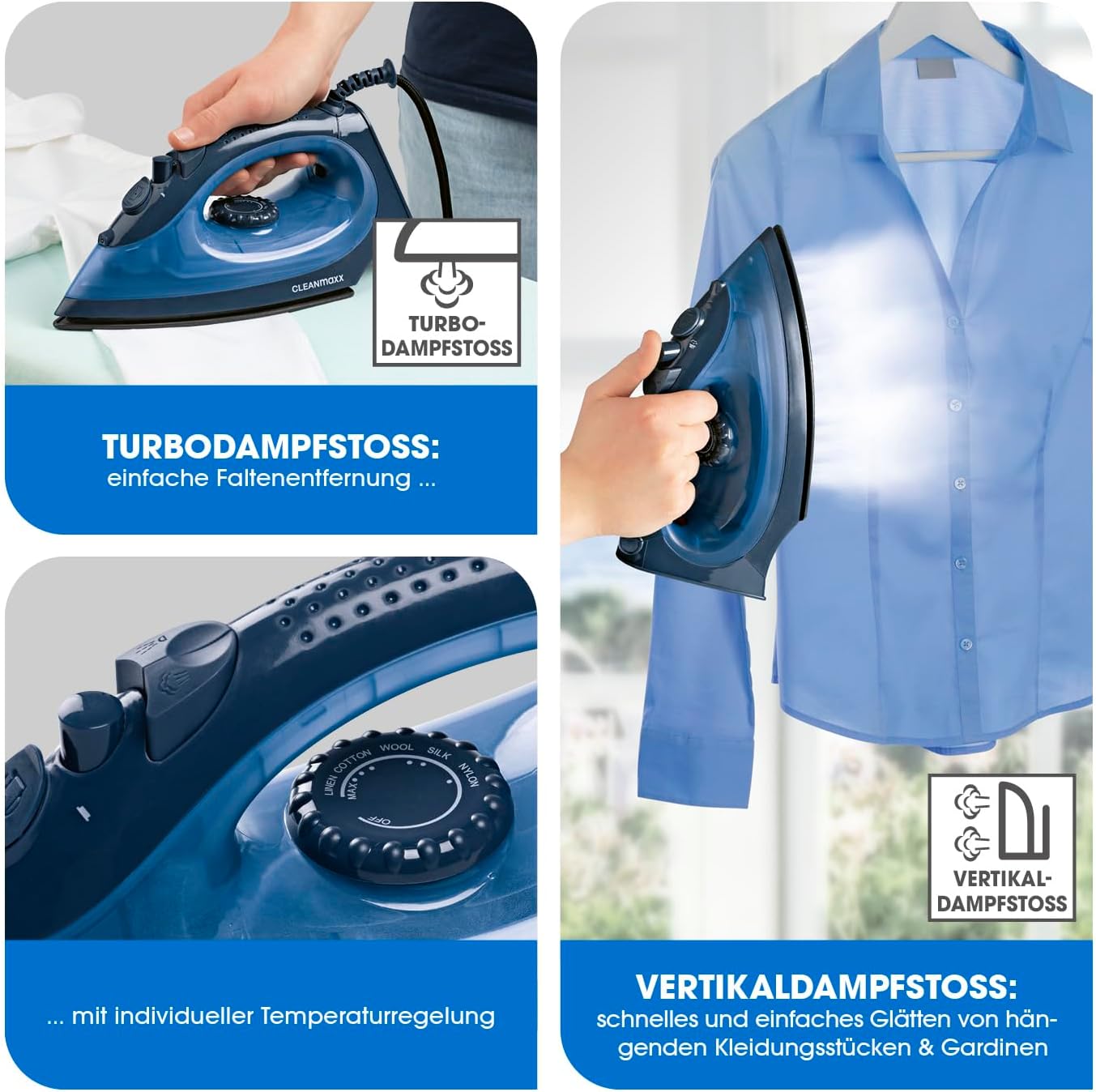 CLEANmaxx Dampfbügeleisen mit Temperatur- & Dampfregler | Geeignet zum Trocken- & Dampfbügeln | Mit vertikaler Dampffunktion für Gardinen & hängende Kleidung | Ideal für empfindliche Stoffe — Ansicht 3