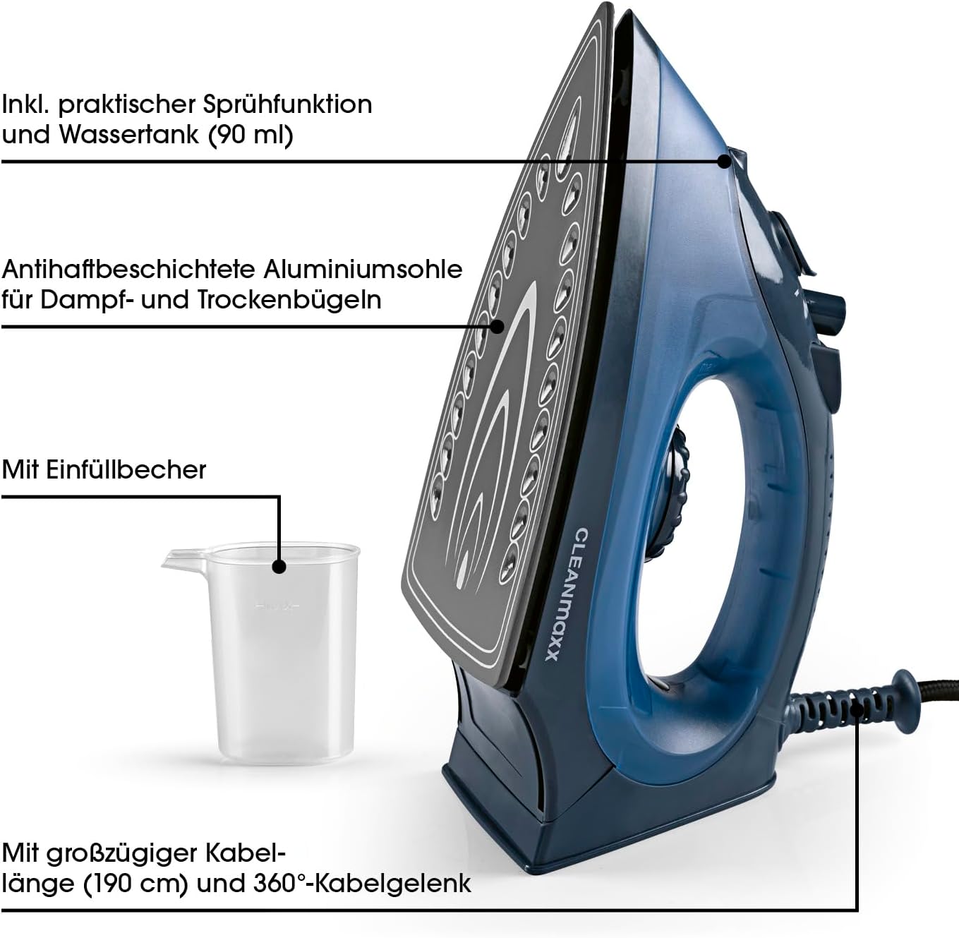 CLEANmaxx Dampfbügeleisen mit Temperatur- & Dampfregler | Geeignet zum Trocken- & Dampfbügeln | Mit vertikaler Dampffunktion für Gardinen & hängende Kleidung | Ideal für empfindliche Stoffe — Ansicht 4