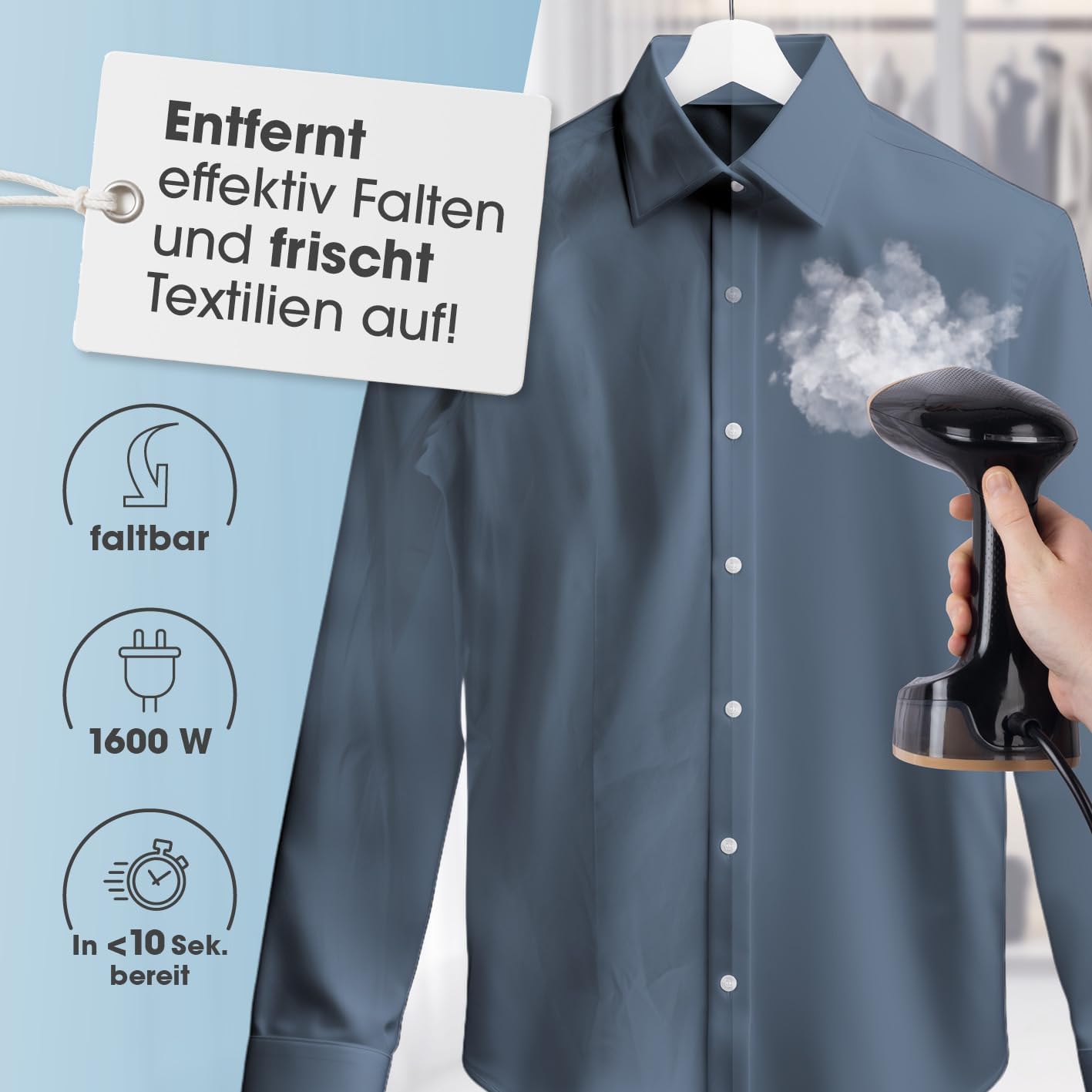 CLEANmaxx Dampfglätter für Kleidung | Mit 2in1 Funktion - glättet & frischt Klamotten auf | Kompakter Steamer für Reisen & Zuhause | Faltbare + tragbare Dampfbürste 1600 W, inkl. 165ml Wassertank — Ansicht 2
