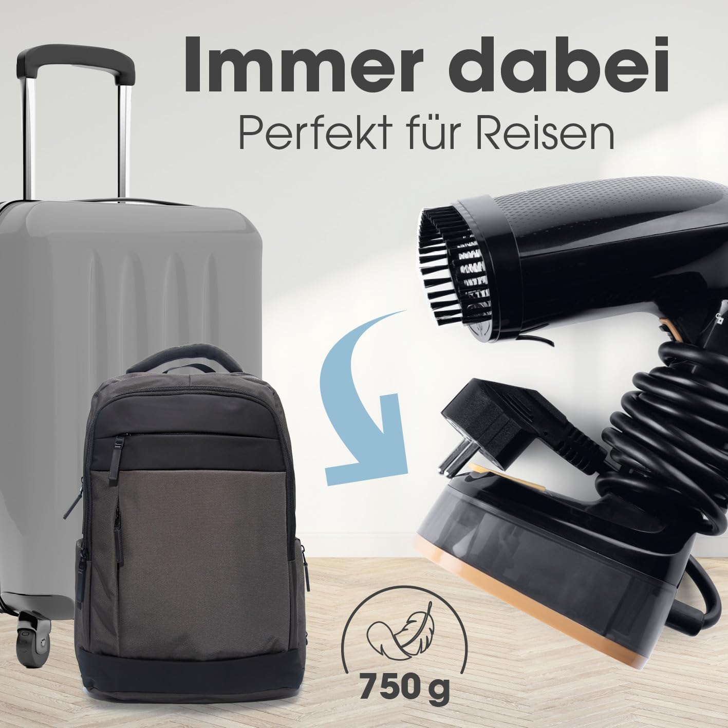 CLEANmaxx Dampfglätter für Kleidung | Mit 2in1 Funktion - glättet & frischt Klamotten auf | Kompakter Steamer für Reisen & Zuhause | Faltbare + tragbare Dampfbürste 1600 W, inkl. 165ml Wassertank — Ansicht 4