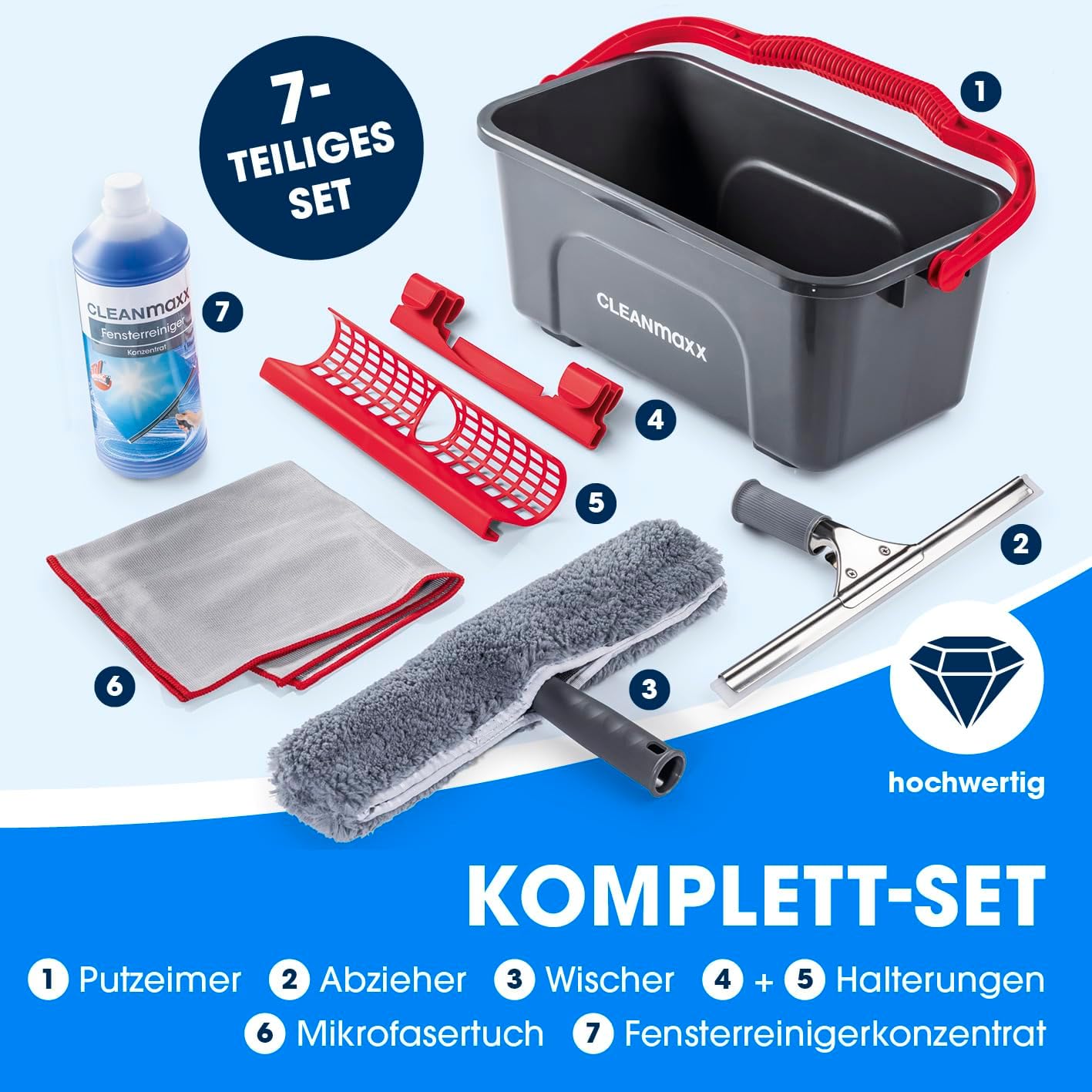 CLEANmaxx Fensterreiniger Set | 7-TLG. Fensterputzer Set für Oberflächen in Haus & Auto - inklusive Fensterabzieher, Fensterwischer, Reiniger, Wischtuch, Eimer und Halterungen für Wischer & Abzieher — Ansicht 2