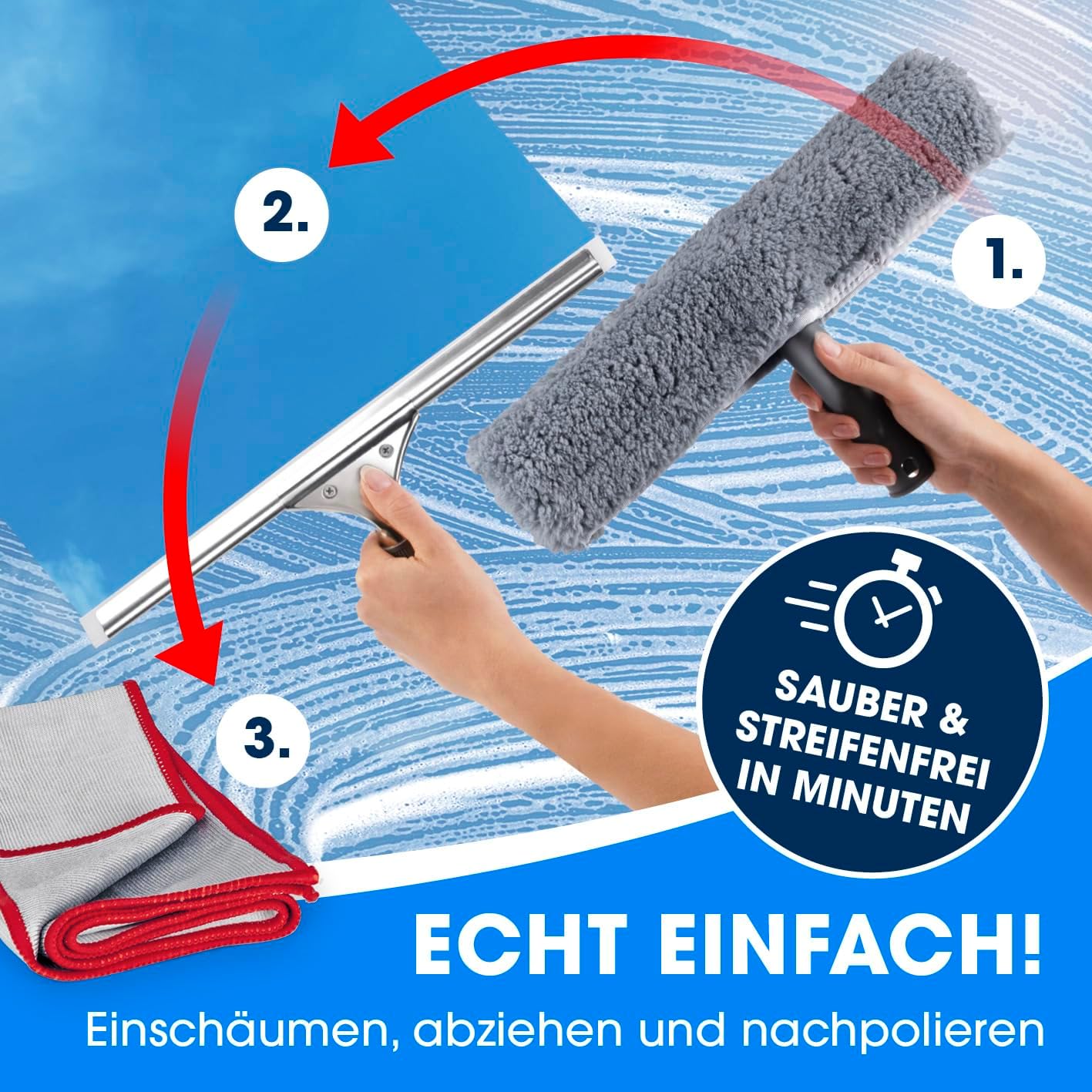 CLEANmaxx Fensterreiniger Set | 7-TLG. Fensterputzer Set für Oberflächen in Haus & Auto - inklusive Fensterabzieher, Fensterwischer, Reiniger, Wischtuch, Eimer und Halterungen für Wischer & Abzieher — Ansicht 3