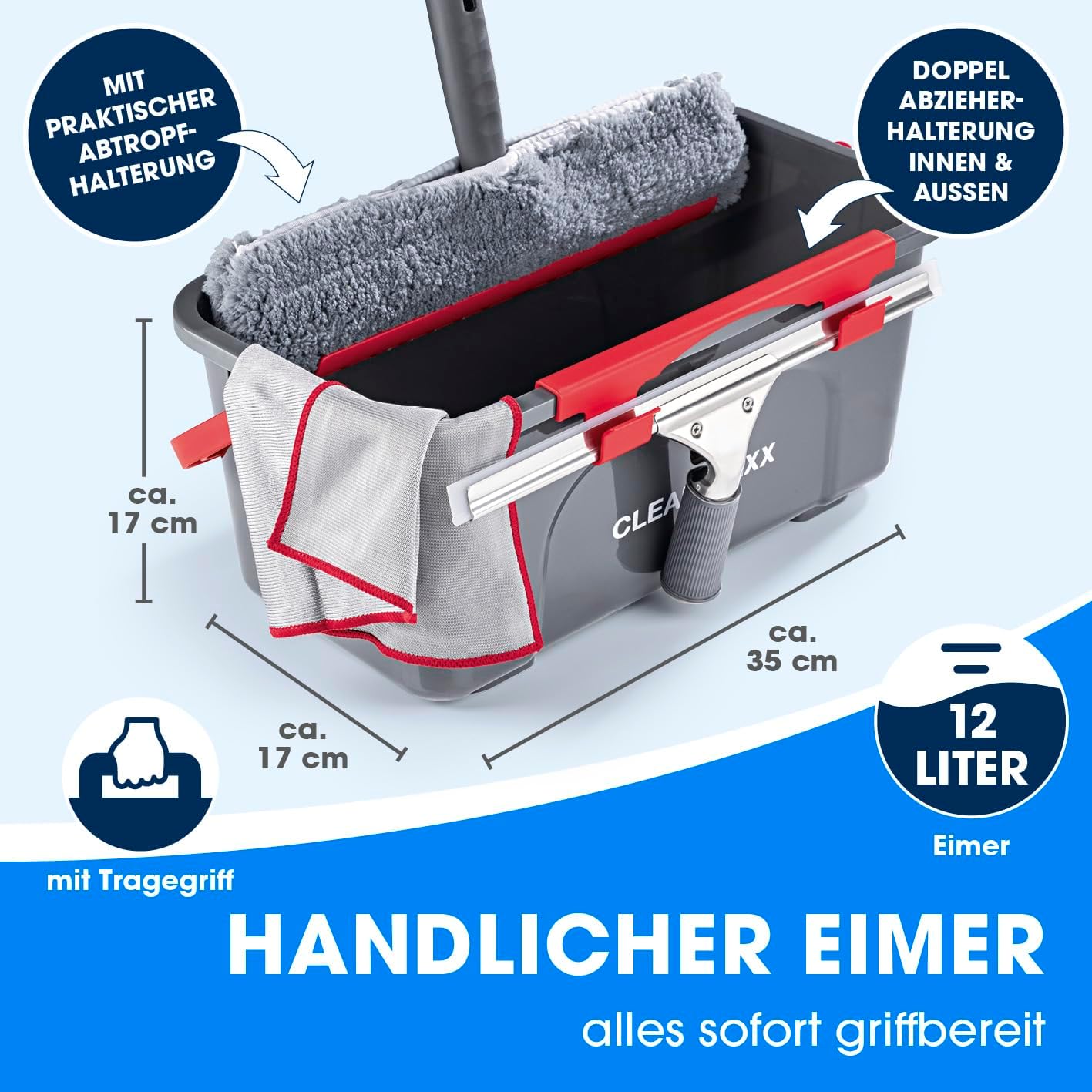 CLEANmaxx Fensterreiniger Set | 7-TLG. Fensterputzer Set für Oberflächen in Haus & Auto - inklusive Fensterabzieher, Fensterwischer, Reiniger, Wischtuch, Eimer und Halterungen für Wischer & Abzieher — Ansicht 5