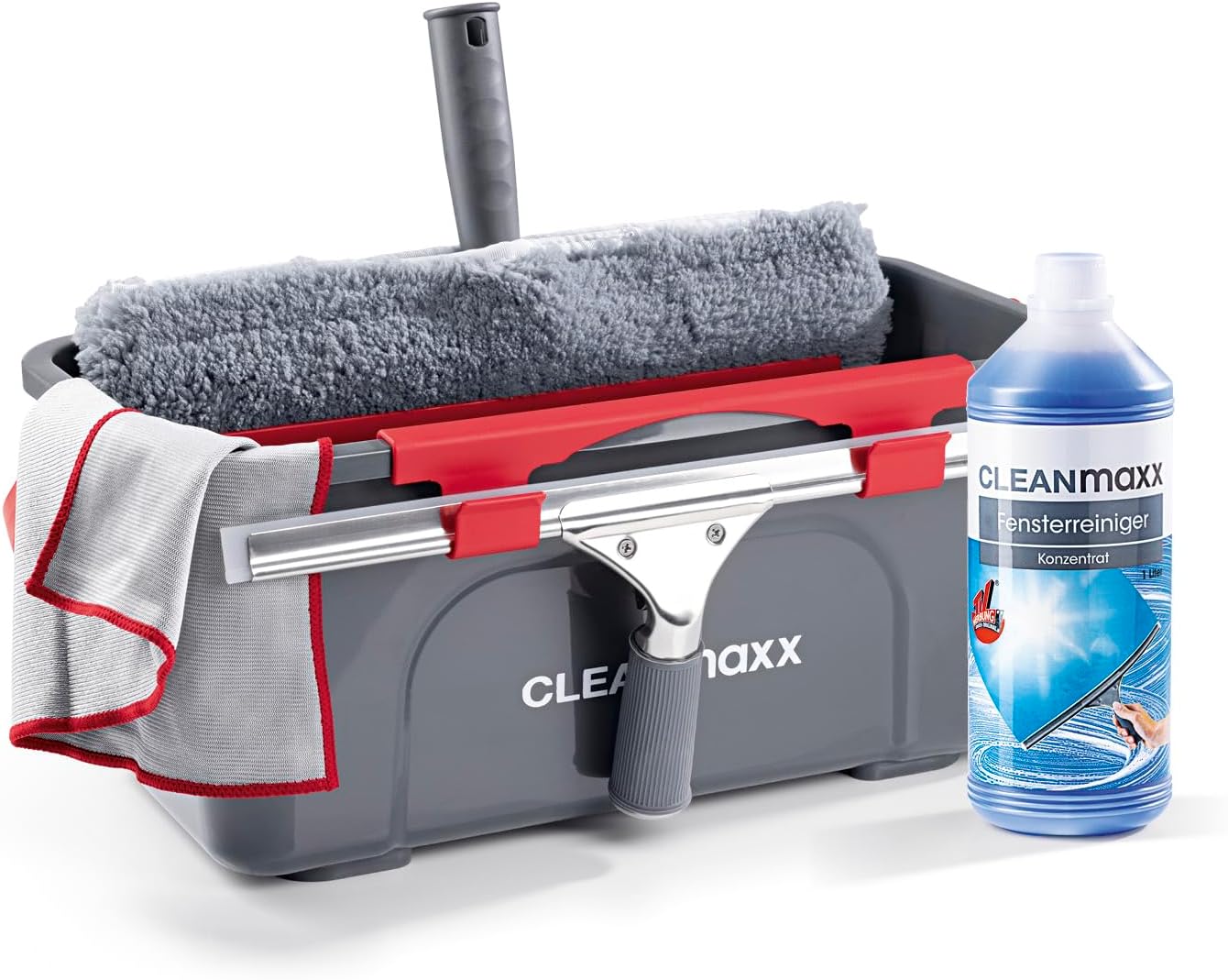 CLEANmaxx Fensterreiniger Set | 7-TLG. Fensterputzer Set für Oberflächen in Haus & Auto - inklusive Fensterabzieher, Fensterwischer, Reiniger, Wischtuch, Eimer und Halterungen für Wischer & Abzieher