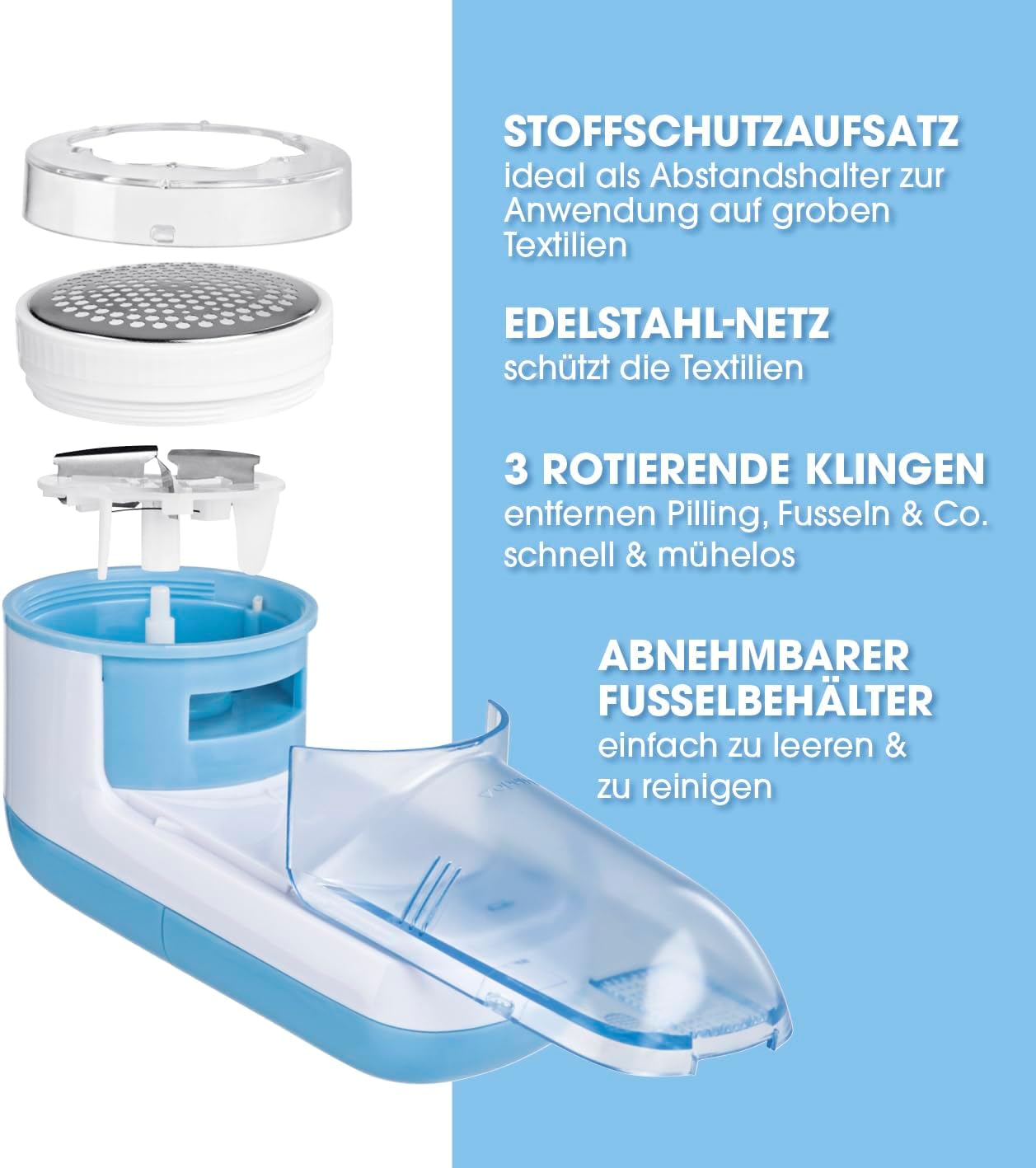 CLEANmaxx Fusselrasierer für Kleidung & Möbel | Elektrischer Fusselentferner mit 3 Klingenkopf | inkl. Batterien | Kompakt & Leistungsstark, Hellblau/Weiß — Ansicht 2