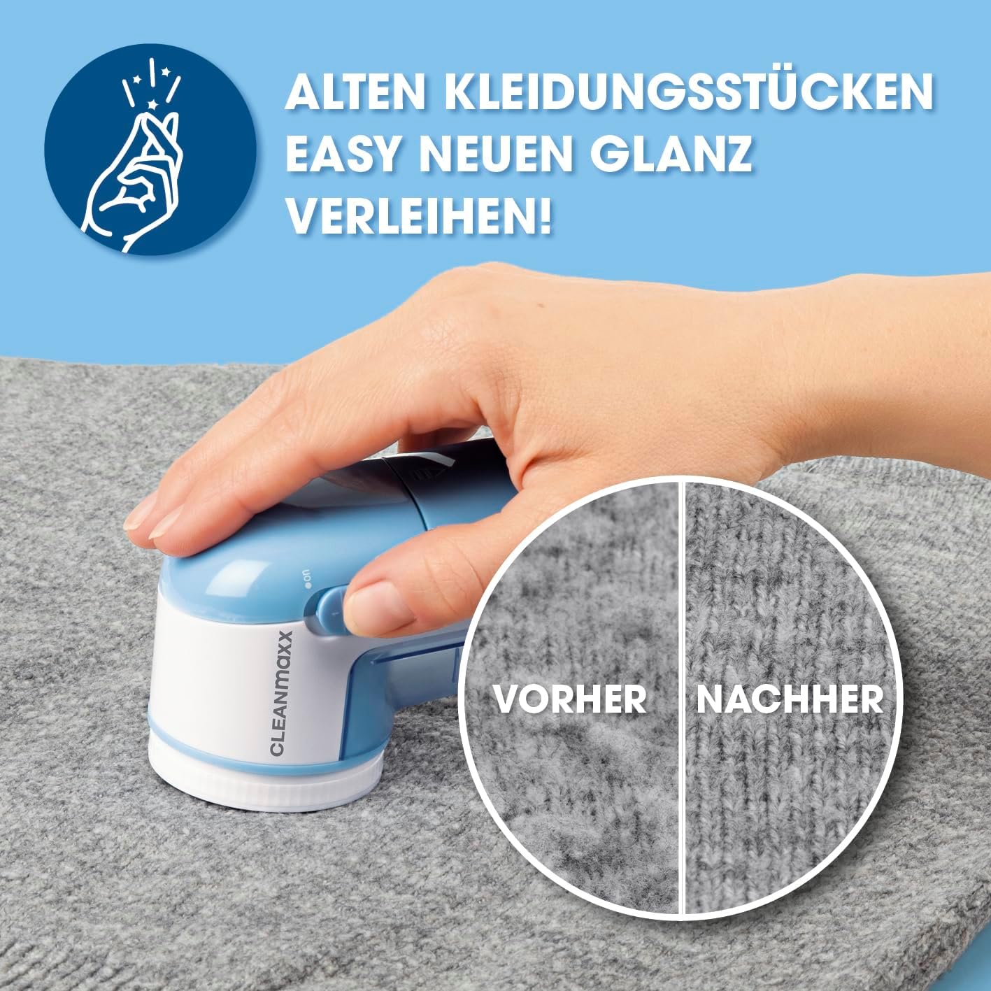 CLEANmaxx Fusselrasierer für Kleidung & Möbel | Elektrischer Fusselentferner mit 3 Klingenkopf | inkl. Batterien | Kompakt & Leistungsstark, Hellblau/Weiß — Ansicht 3