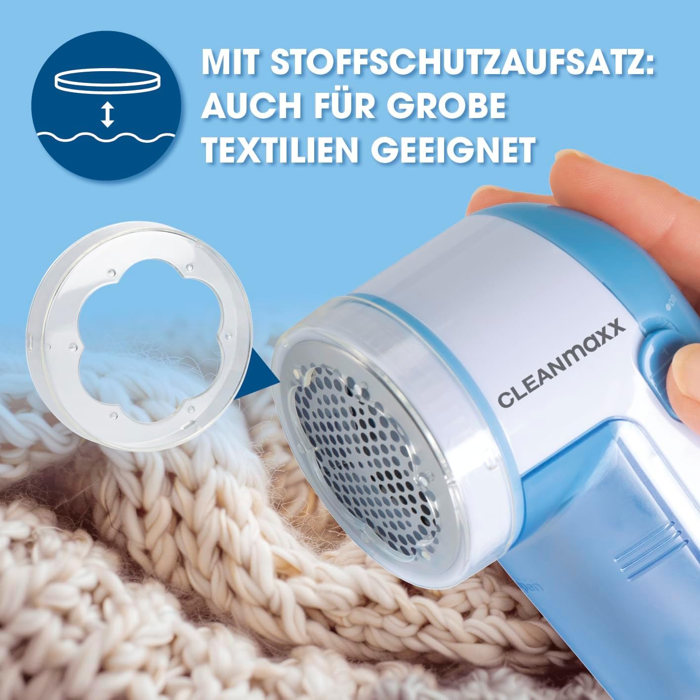 CLEANmaxx Fusselrasierer für Kleidung & Möbel | Elektrischer Fusselentferner mit 3 Klingenkopf | inkl. Batterien | Kompakt & Leistungsstark, Hellblau/Weiß — Ansicht 4