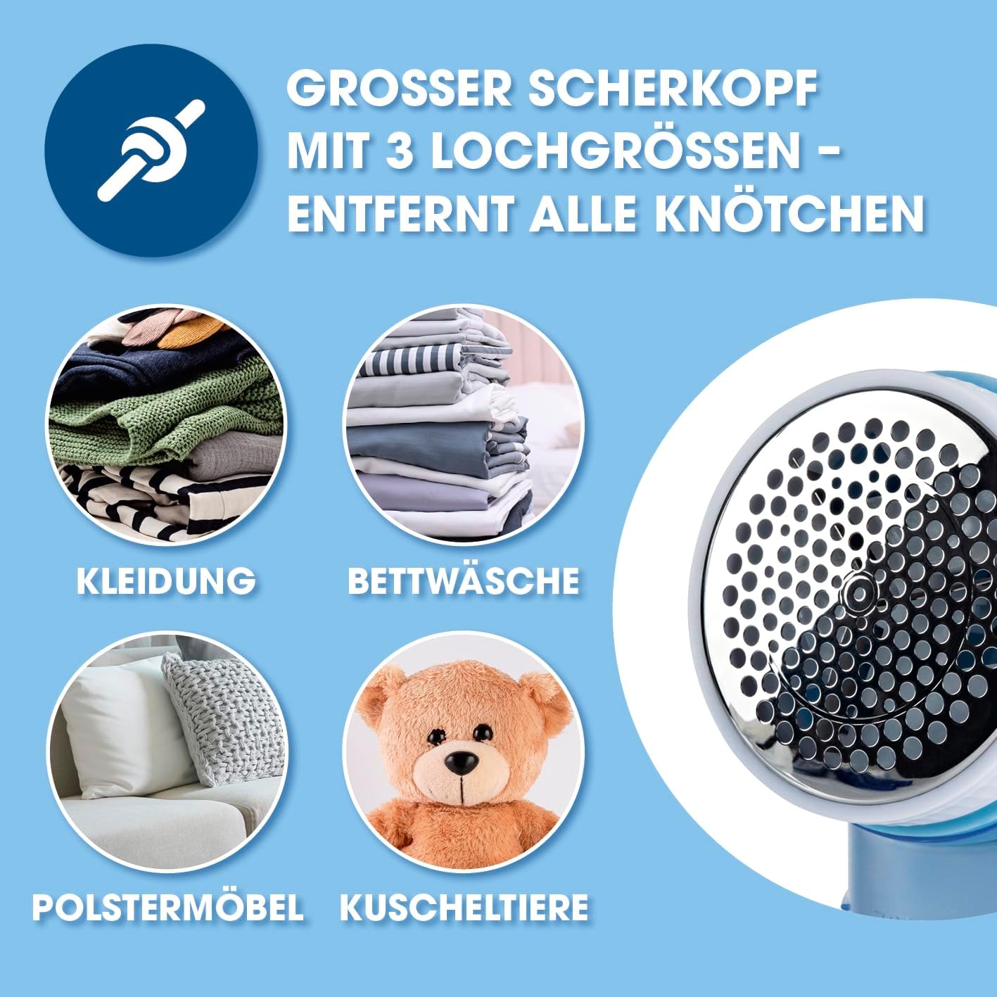 CLEANmaxx Fusselrasierer für Kleidung & Möbel | Elektrischer Fusselentferner mit 3 Klingenkopf | inkl. Batterien | Kompakt & Leistungsstark, Hellblau/Weiß — Ansicht 5