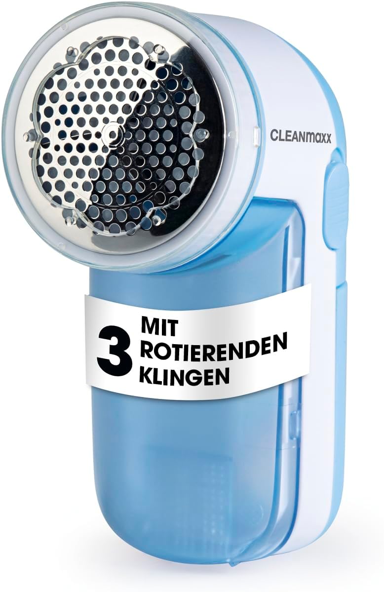 CLEANmaxx Fusselrasierer für Kleidung & Möbel | Elektrischer Fusselentferner mit 3 Klingenkopf | inkl. Batterien | Kompakt & Leistungsstark, Hellblau/Weiß