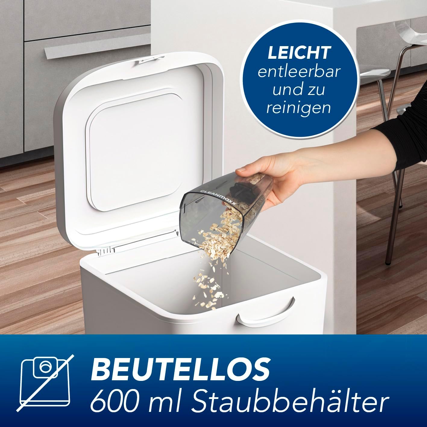 CLEANmaxx Handstaubsauger – kabellos, leistungsstarke 2000 mAh | Akku Staubsauger mit 600 ml Staubbehälter | wiederaufladbar, tragbar | Mini Staubsauger mit EPA-Filter & LED-Licht — Ansicht 6