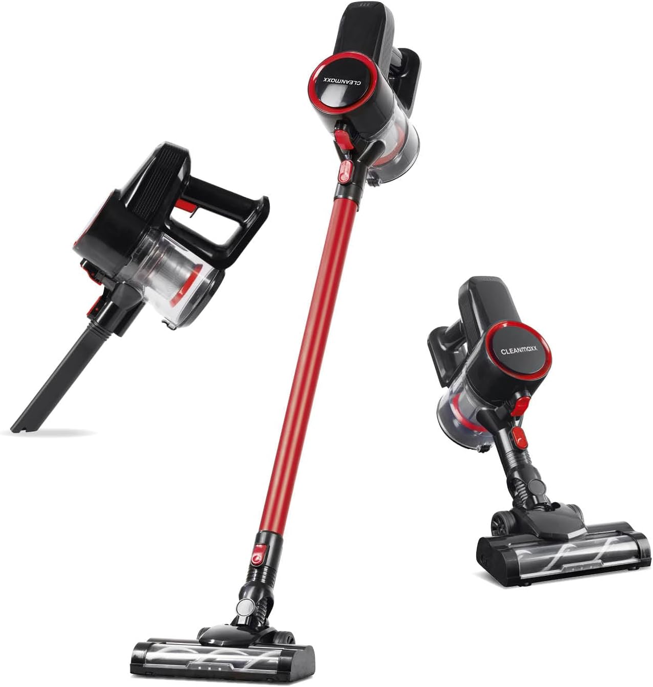CLEANmaxx kabelloser Akku-Zyklon-Staubsauger | Leistungsstarker Handstaubsauger inkl. 800 ml beutellosem Staubbehälter | Bodensauger mit Edelstahl- & HEPA-Filter | Mit elektr. Bodendüse & LED-Licht