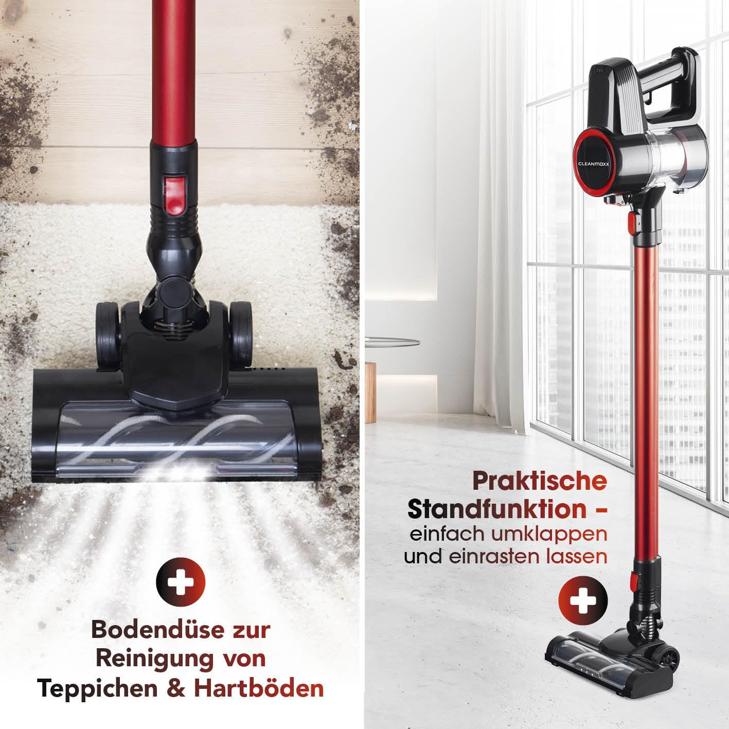 CLEANmaxx kabelloser Akku-Zyklon-Staubsauger | Leistungsstarker Handstaubsauger inkl. 800 ml beutellosem Staubbehälter | Bodensauger mit Edelstahl- & HEPA-Filter | Mit elektr. Bodendüse & LED-Licht — Ansicht 3