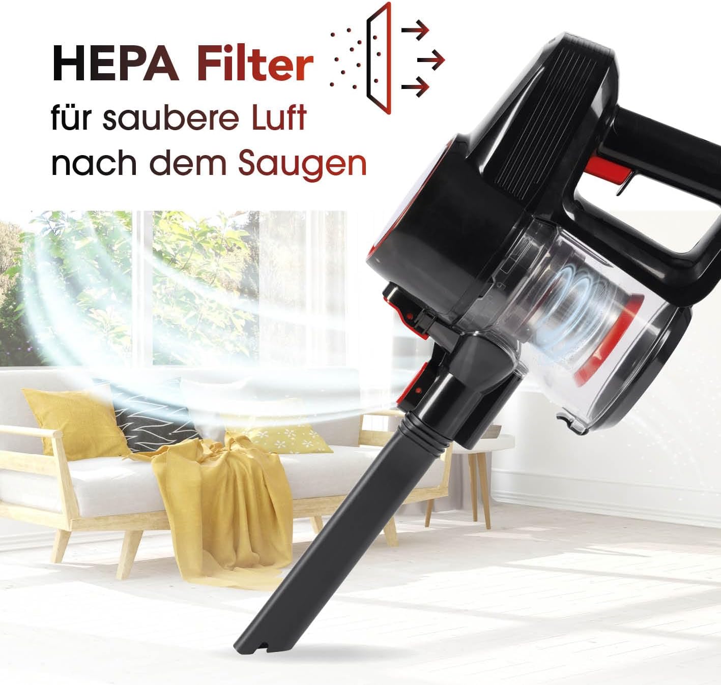 CLEANmaxx kabelloser Akku-Zyklon-Staubsauger | Leistungsstarker Handstaubsauger inkl. 800 ml beutellosem Staubbehälter | Bodensauger mit Edelstahl- & HEPA-Filter | Mit elektr. Bodendüse & LED-Licht — Ansicht 4