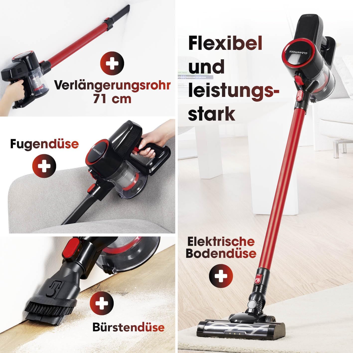 CLEANmaxx kabelloser Akku-Zyklon-Staubsauger | Leistungsstarker Handstaubsauger inkl. 800 ml beutellosem Staubbehälter | Bodensauger mit Edelstahl- & HEPA-Filter | Mit elektr. Bodendüse & LED-Licht — Ansicht 5